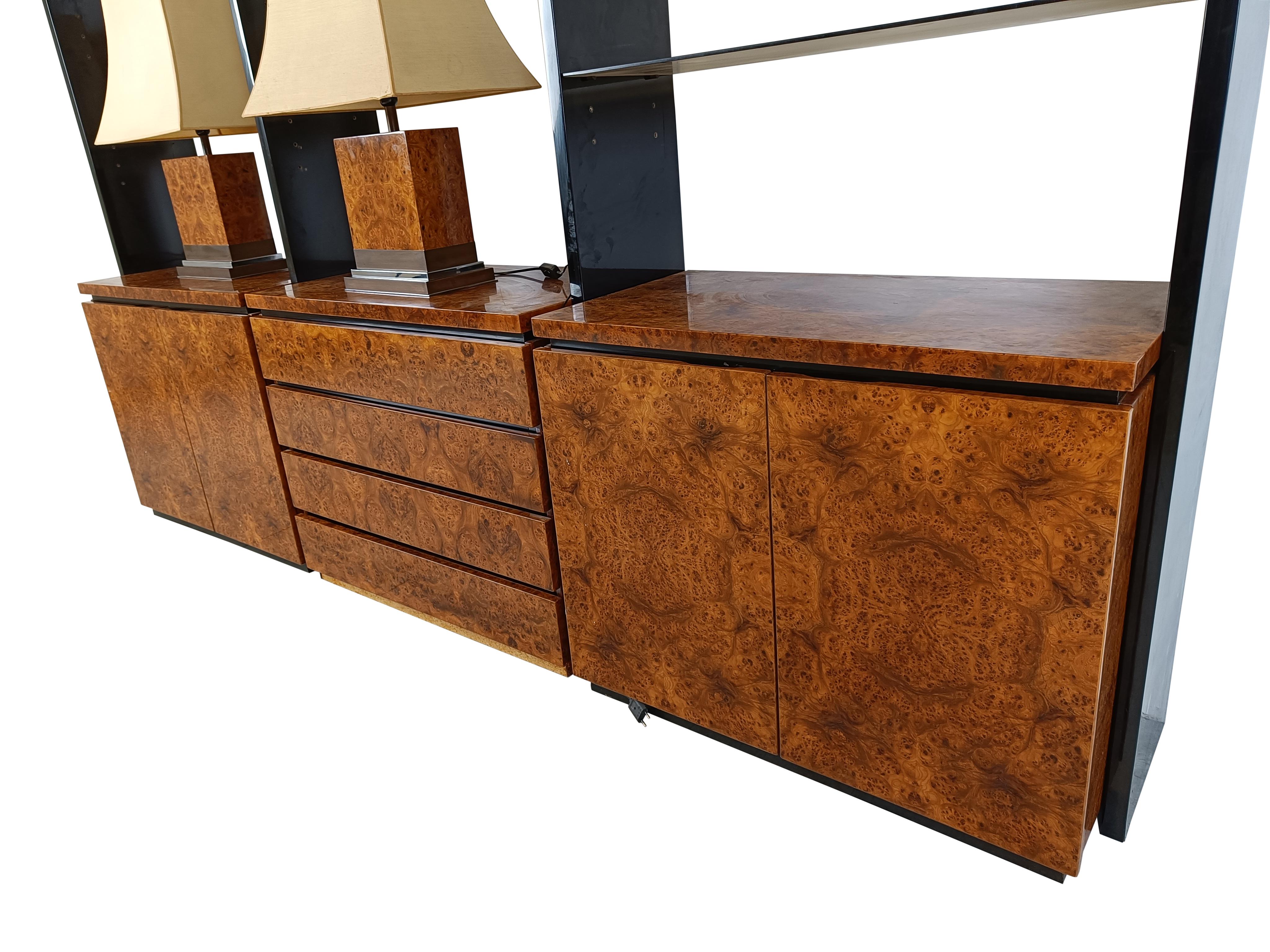 Mid-Century Modern Burl wood wall unit by Jean Claude Mahey, 1970s For Sale