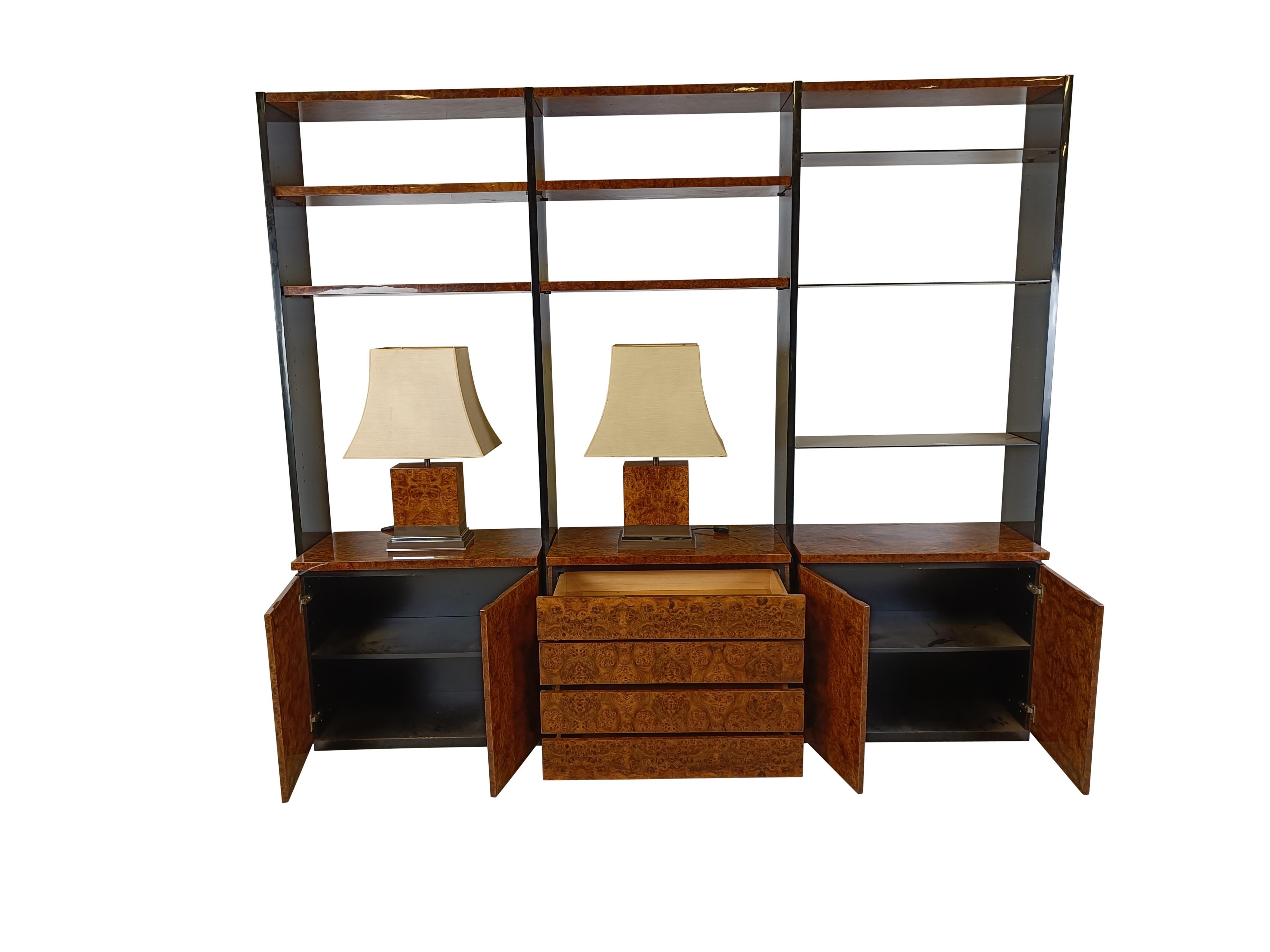 French Burl wood wall unit by Jean Claude Mahey, 1970s For Sale