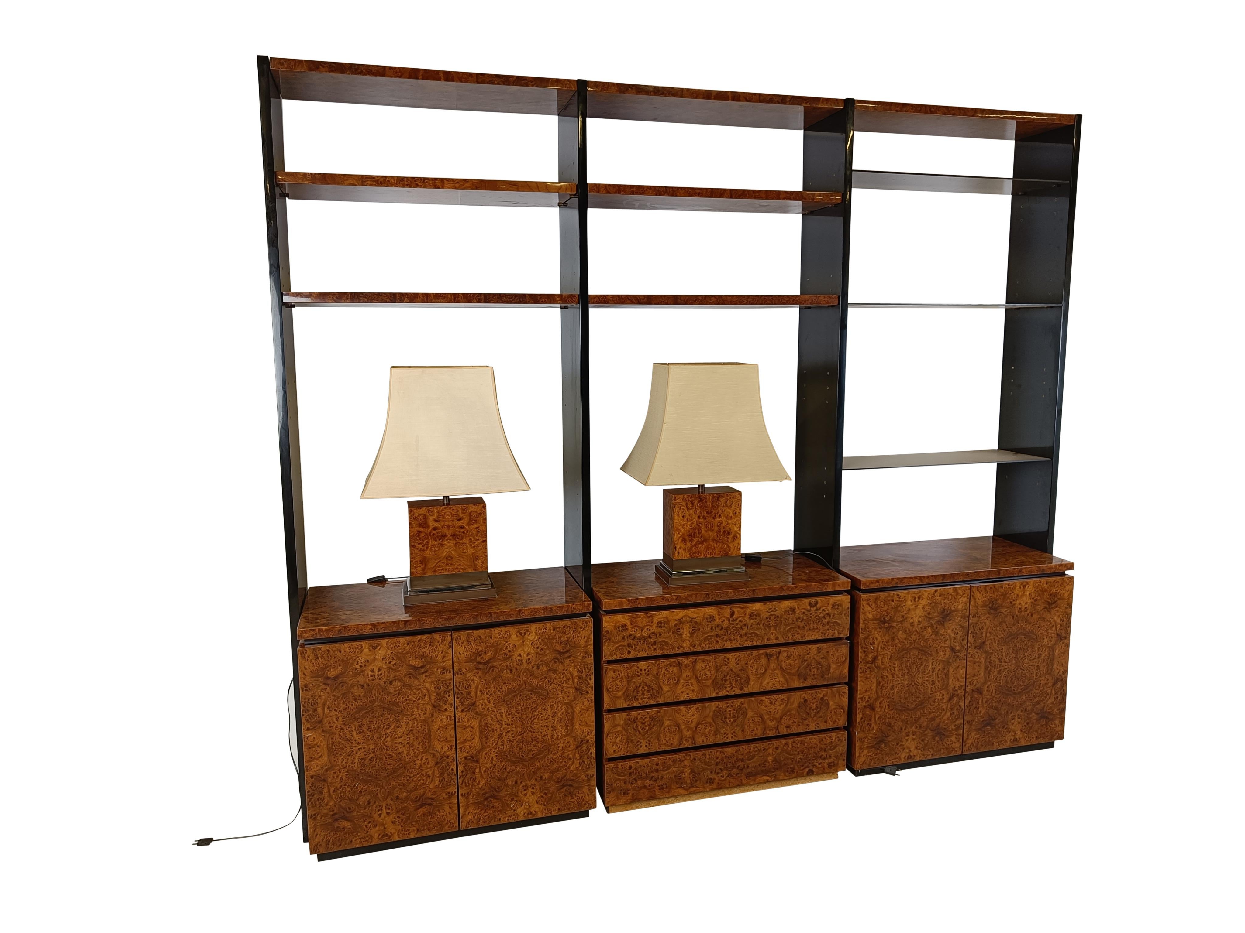 Late 20th Century Burl wood wall unit by Jean Claude Mahey, 1970s For Sale