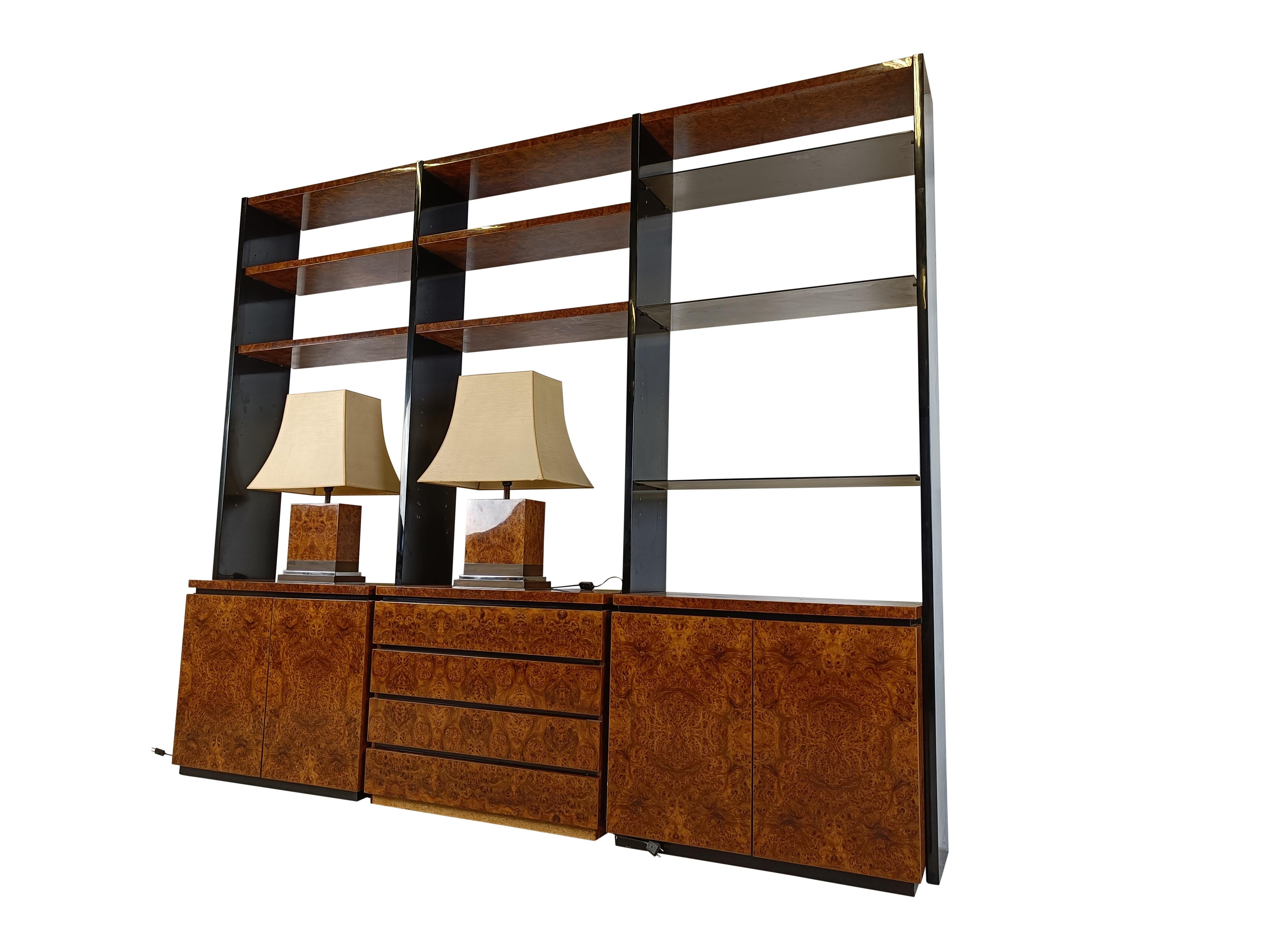 Wood Burl wood wall unit by Jean Claude Mahey, 1970s For Sale
