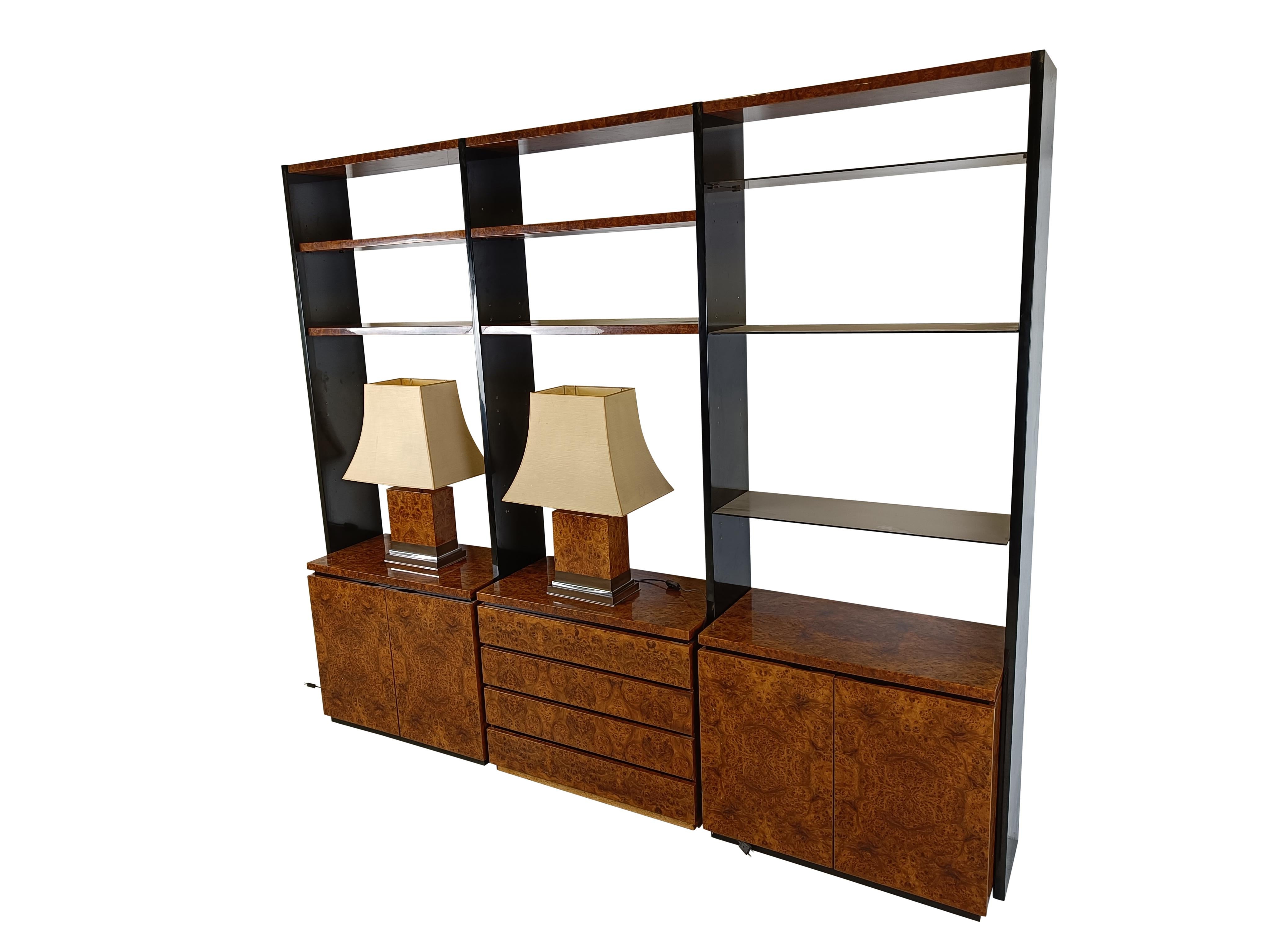 Burl wood wall unit by Jean Claude Mahey, 1970s For Sale 1