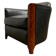 Burl Wood with Black Leather Lounge Chair by A. Rudin