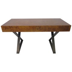 Burl Wood X-Bronze Based Writing Desk in the Style of Milo Baughman