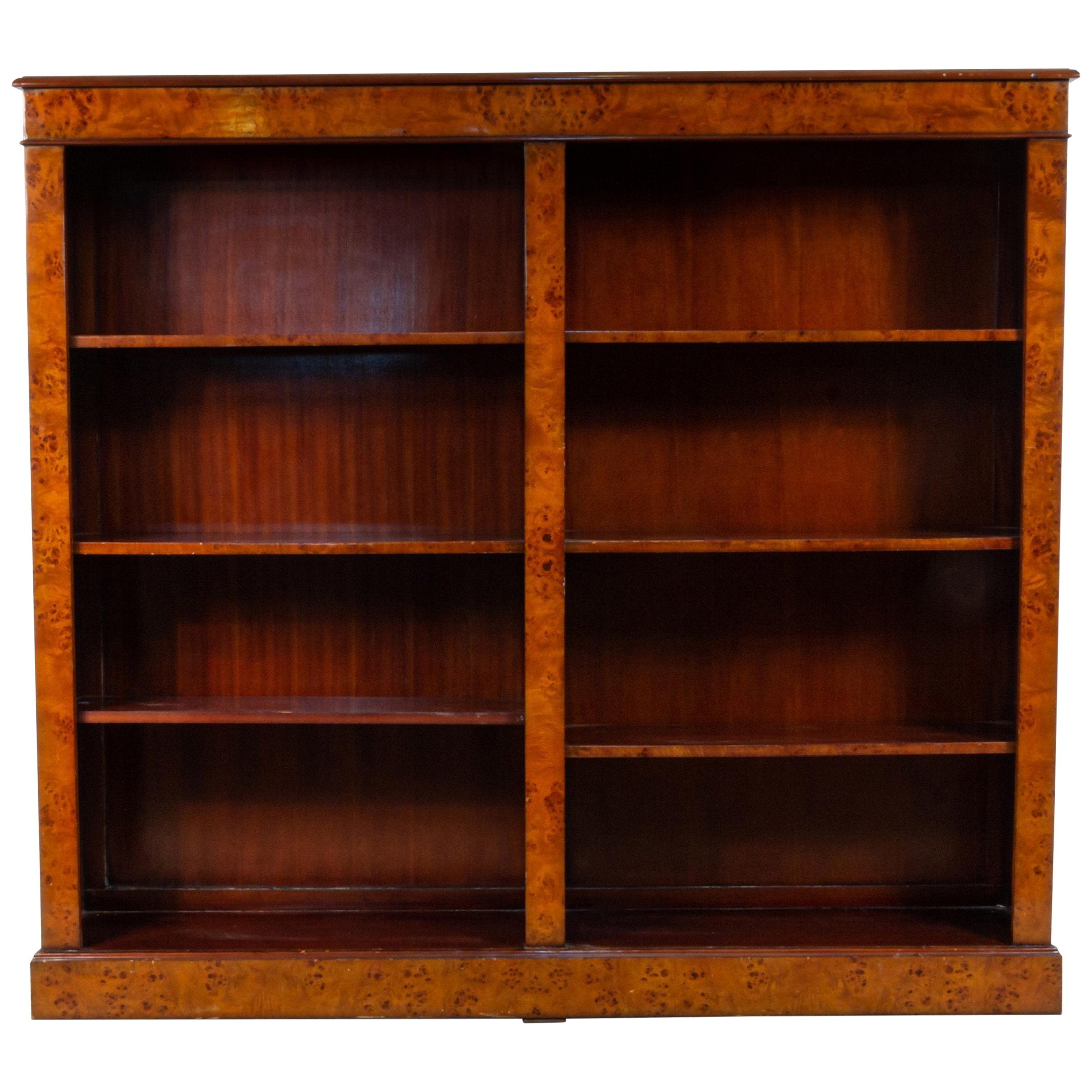 Burl Yew Wood Open Three Shelf Bookcase