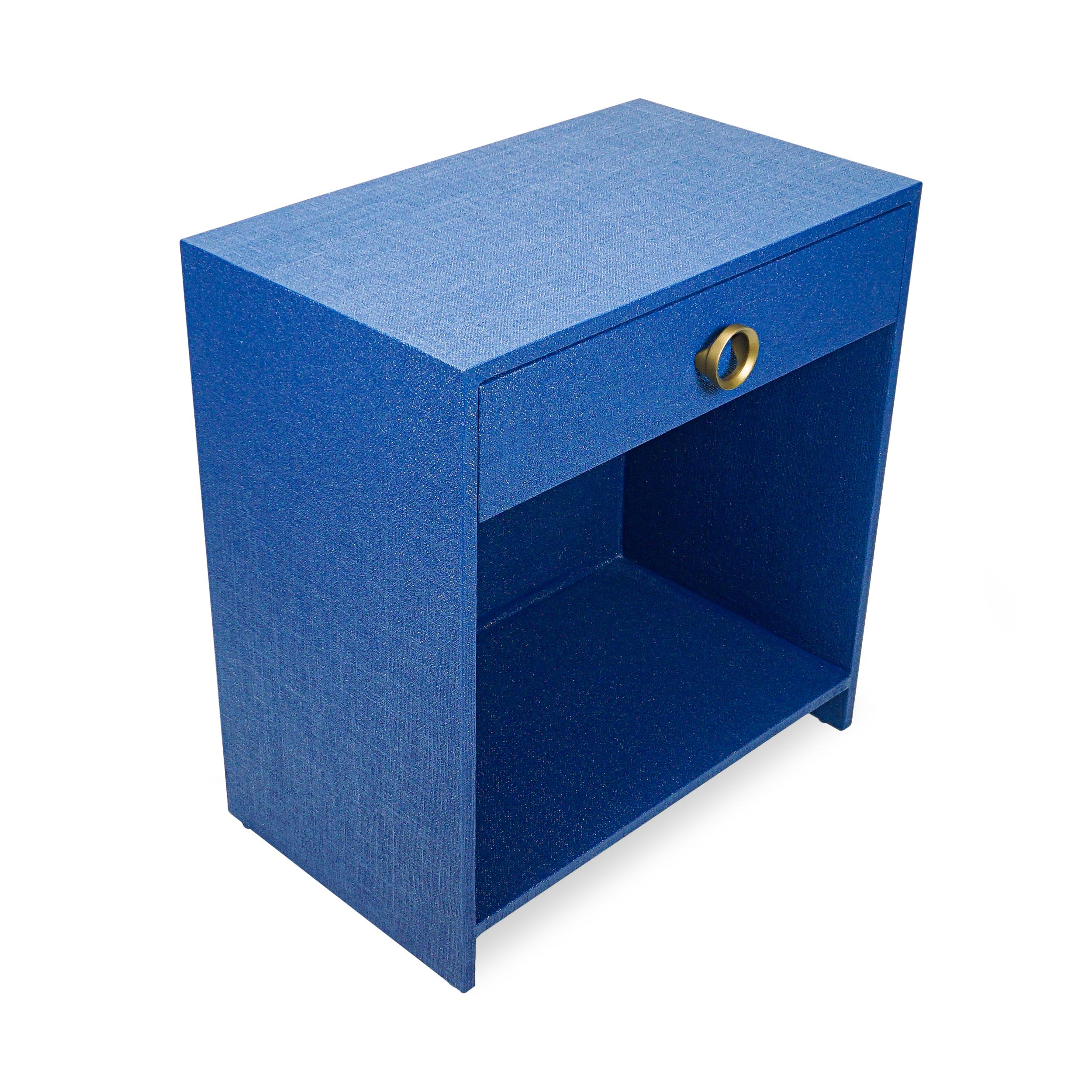 Burlap-wrapped side table lacquered in your custom color. Shown with drawer and cubby. Frame made of solid hardwood. Slow-close drawer. Drawer pull is round and gold-painted. Ask us about wire cutouts and integrated charging station set-up. Also