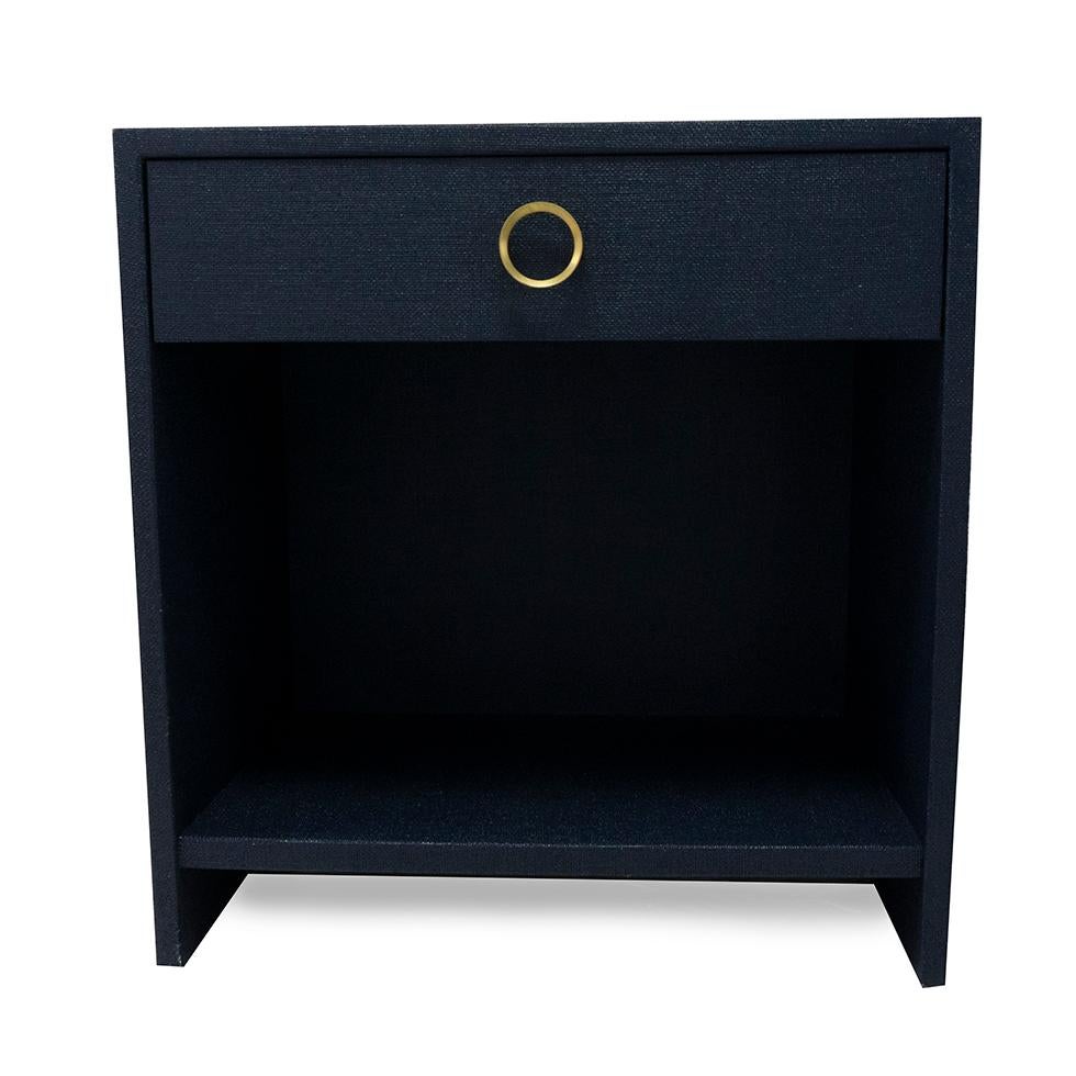 One drawer burlap side table with shelf painted in a navy blue. Custom size and color available upon request. Great for a storage piece and bedside table. Available as shown in navy blue or made to order. 

Overall: 30”W x 18”D x 32”H

Price As