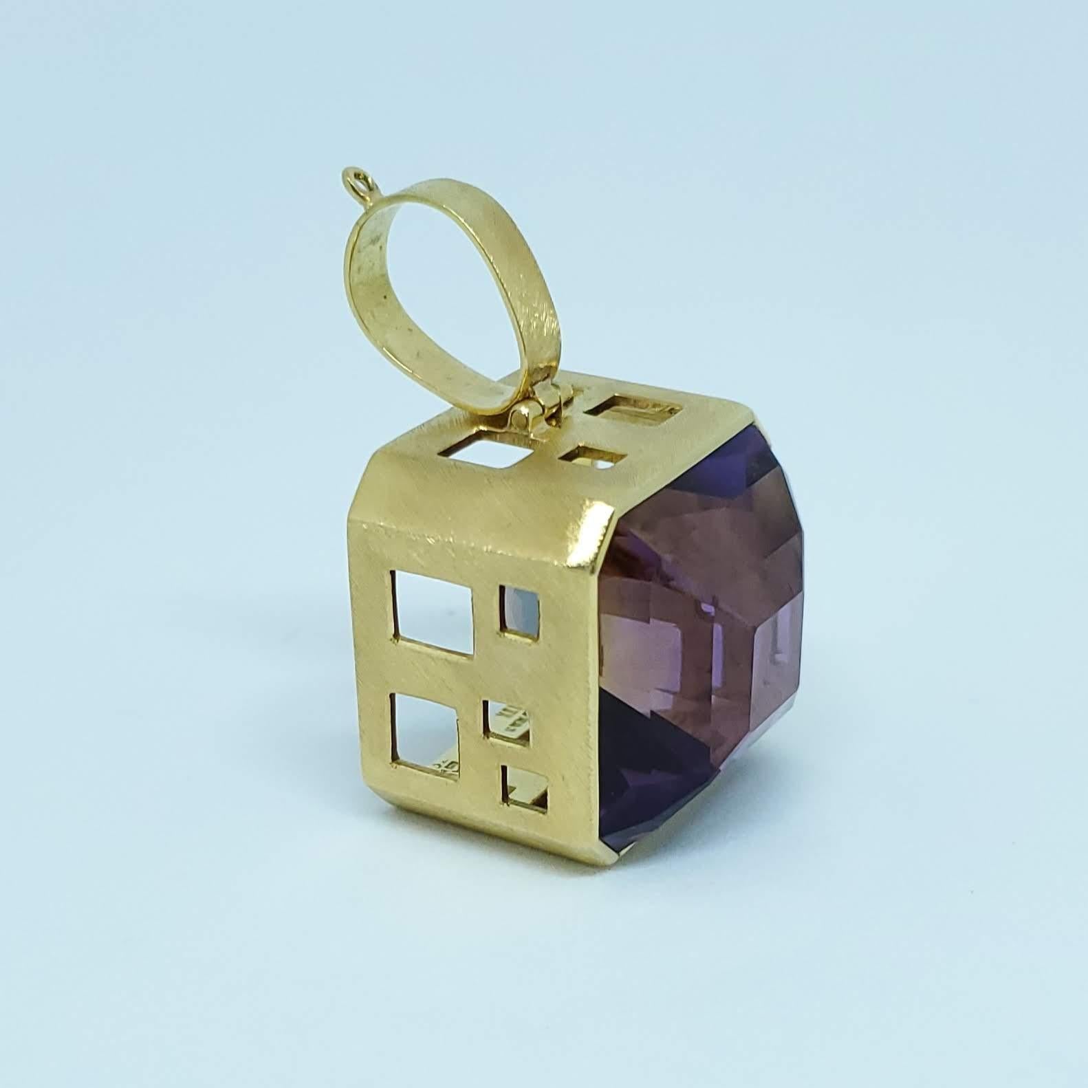 Thanks for taking a look at this Burle Marx Ametrine Pendant. This beautiful piece is made to be worn on a gold chain, or attached to a Burle Marx or Bruno Guidi made neck collar. The stone is .89 inches by .89 inches, and is beautifully cut. The