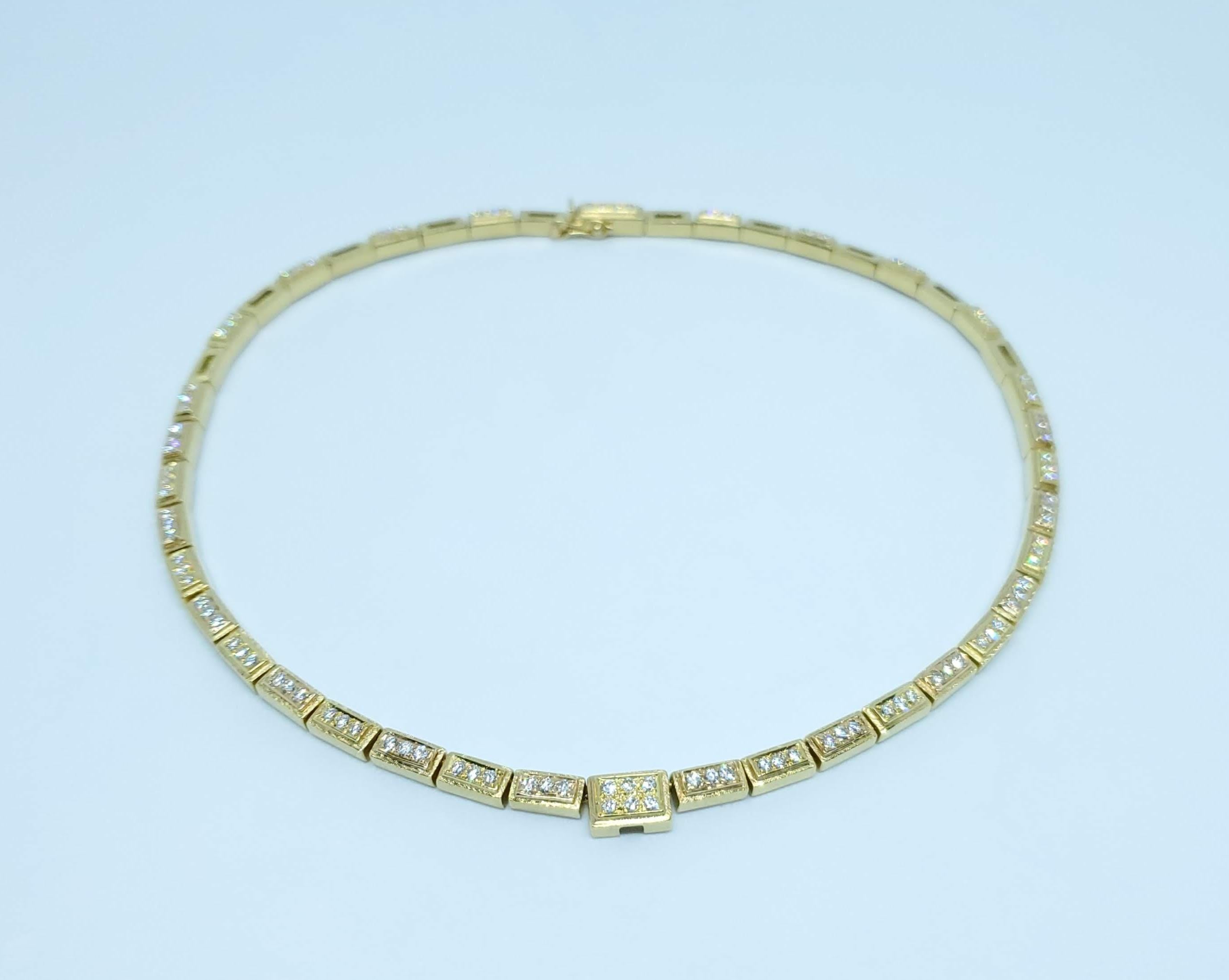 Thanks for taking a look at this beautiful Haroldo Burle Marx 18 Karat Gold Diamond Neck Collar. It weighs 51 grams, is 16 inches long, and .17 inches in width. It has 70 very fine diamonds totalling 1.43 cts. We originally sold this piece in 1985,