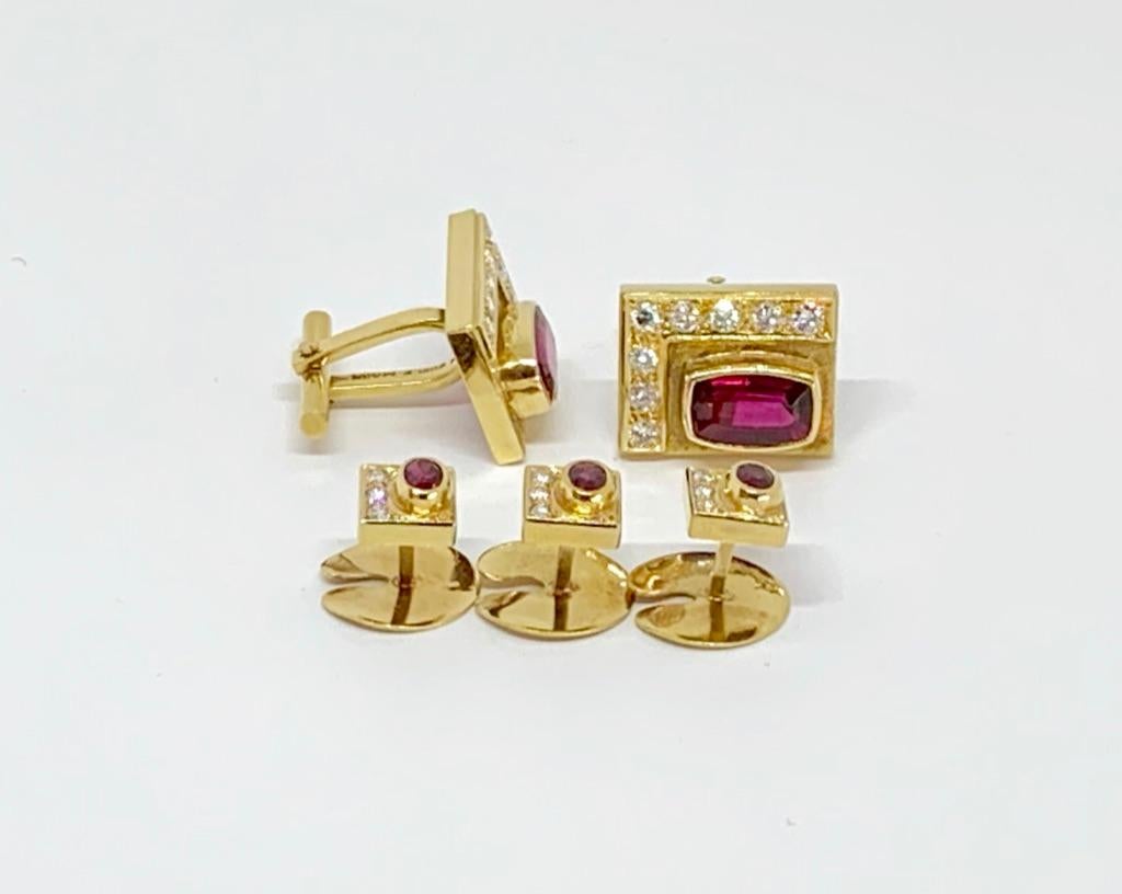 Thanks for taking a look at these rare Burle Marx Cufflinks, and Tuxedo Studs. The perfectly matched rubellites total 8.50 carats and they are very fine. There are 16 diamonds totaling 1.67 carats, and 21.12 grams of gold. These were made in the