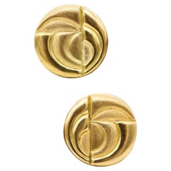 Burle Marx 1970 Brazil Geometric Round Clip Earrings Textured 18Kt Yellow Gold