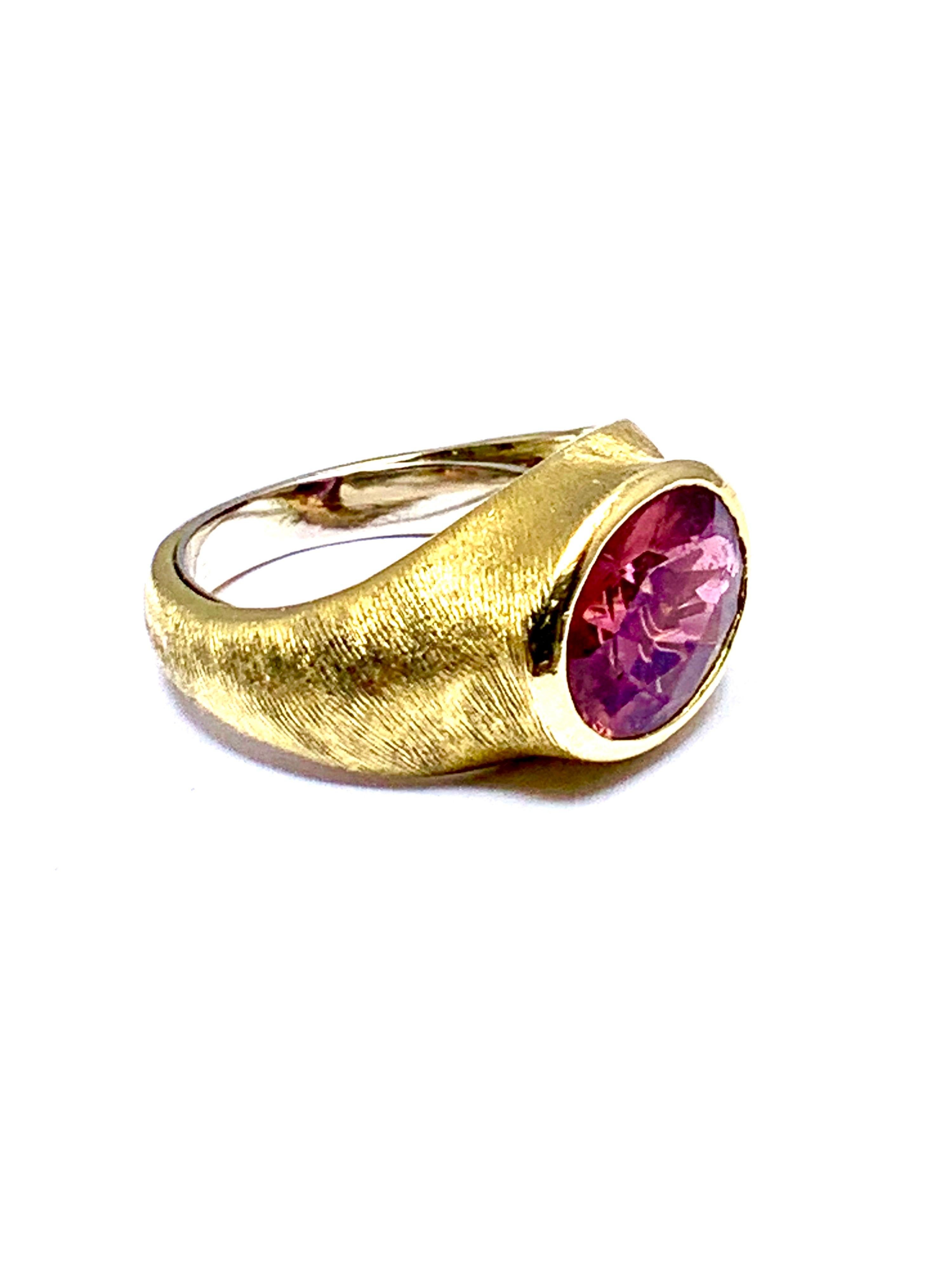 Oval Cut Burle Marx 3.57 Carat Faceted Oval Pink Tourmaline and 18 Karat Yellow Gold Ring