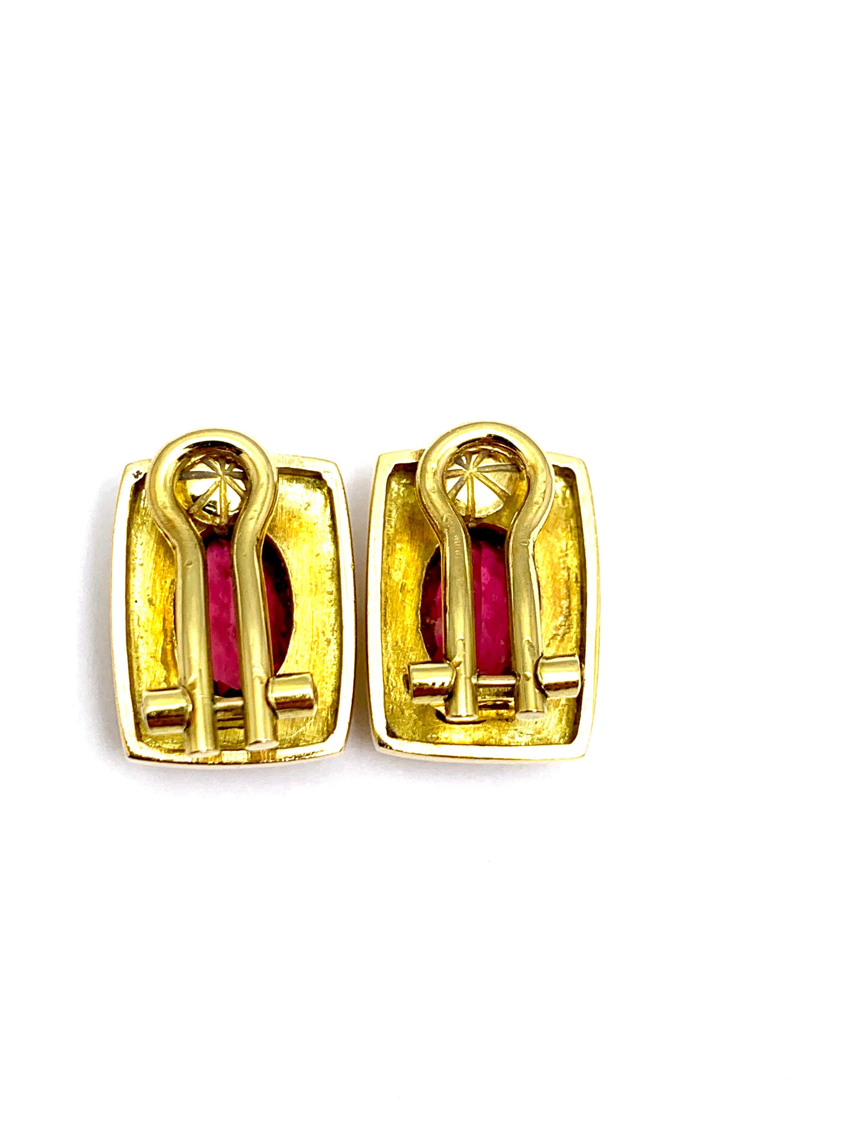 Oval Cut Burle Marx 3.89 Carat Faceted Oval Pink Tourmaline and Yellow Gold Earrings For Sale