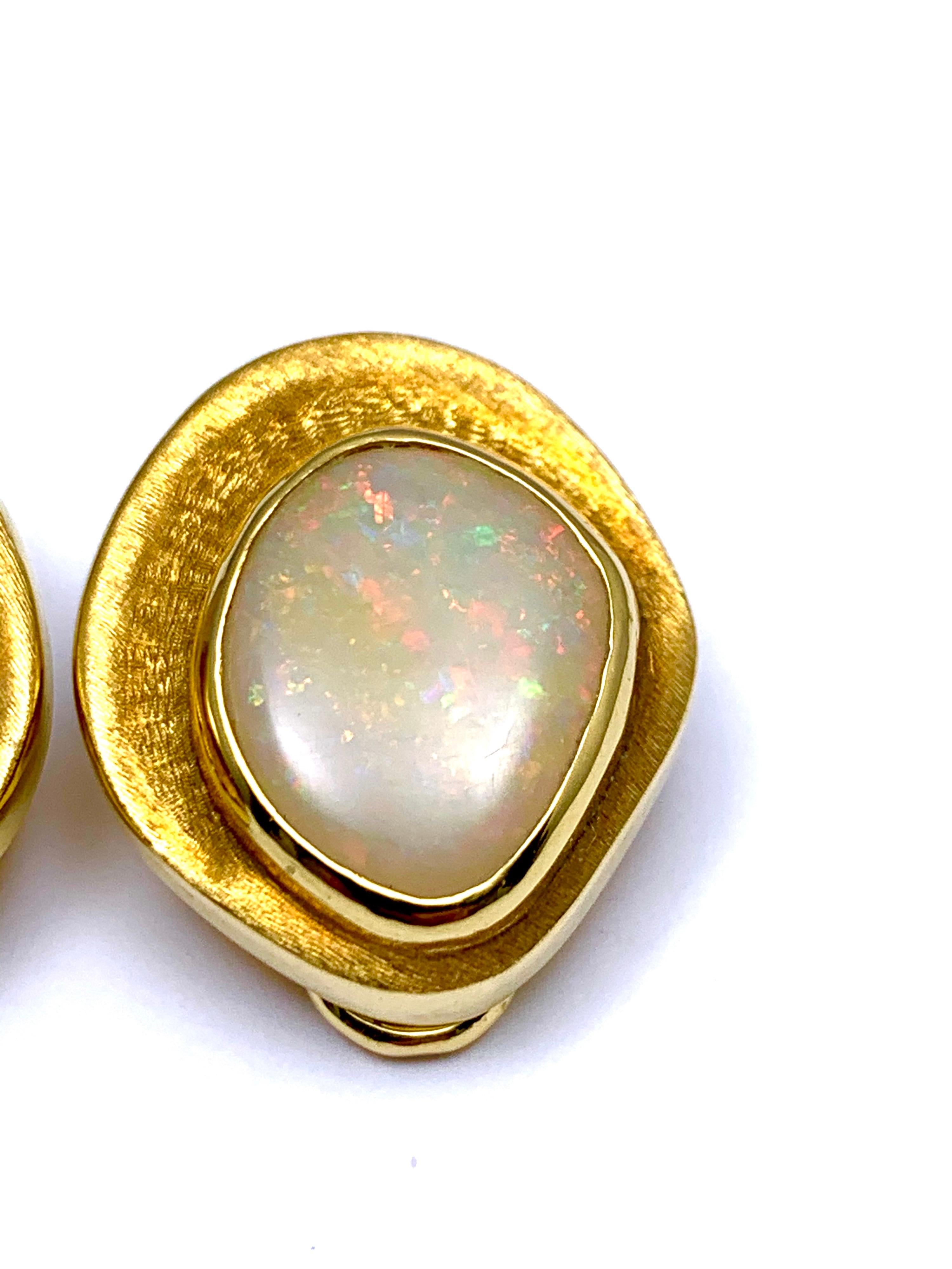 Burle Marx 5.97 Carat Cabochon White Opal and 18 Karat Yellow Gold Earrings 1