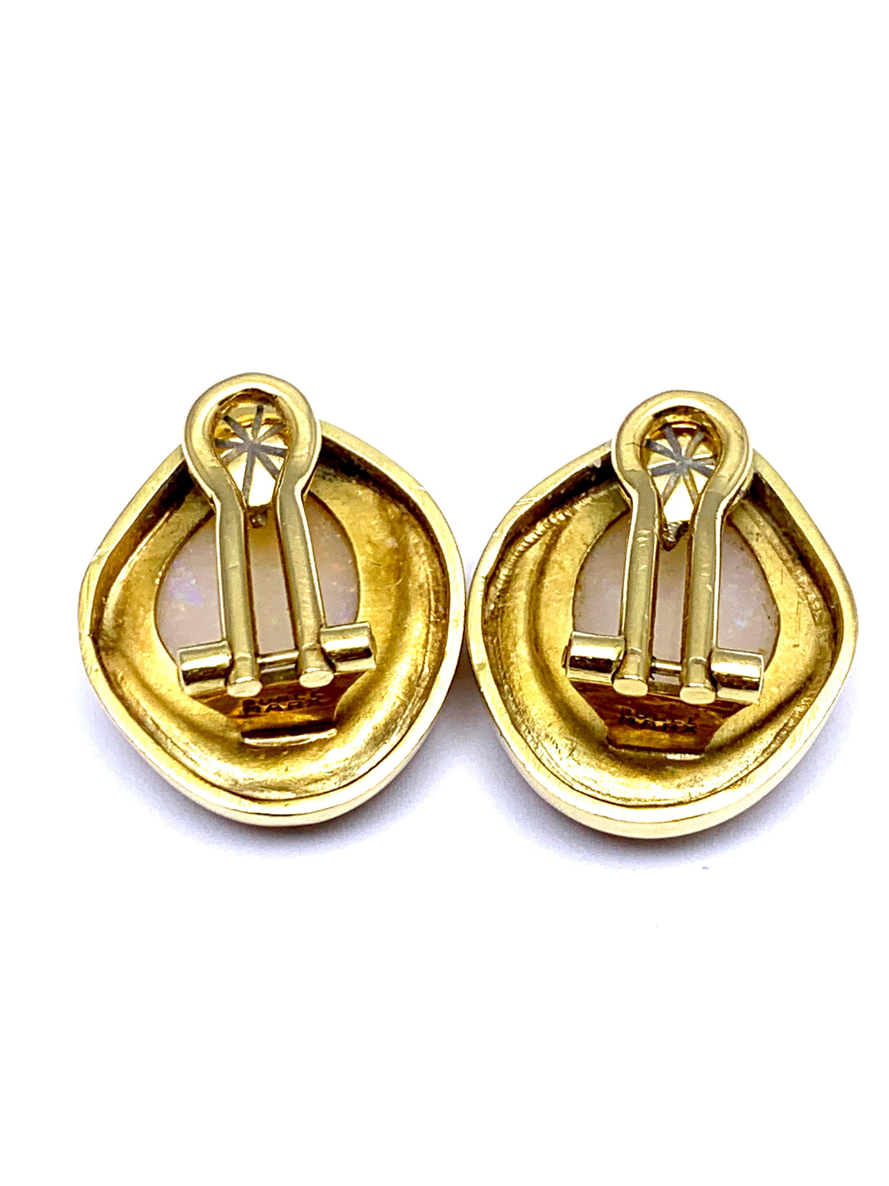 Burle Marx 5.97 Carat Cabochon White Opal and 18 Karat Yellow Gold Earrings In Excellent Condition In Chevy Chase, MD