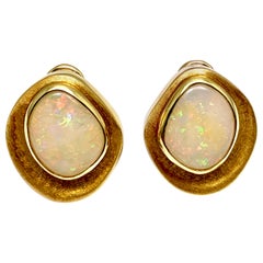 Burle Marx 5.97 Carat Cabochon White Opal and 18 Karat Yellow Gold Earrings