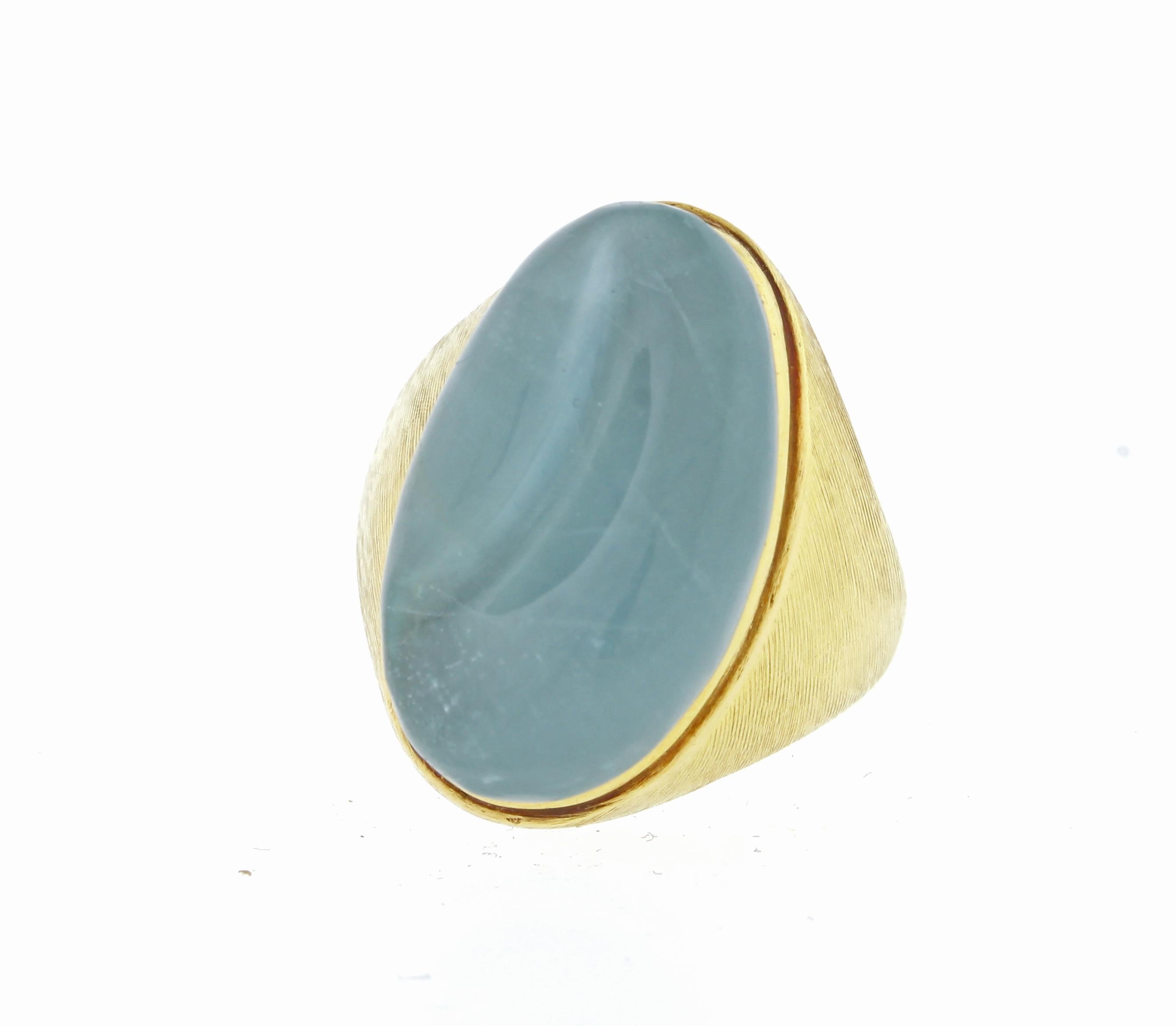 From Burle Marx, an intricately carved Aqua Ring in the “forma livre” (free form) style. Haroldo Burle Marx was particularly known for his use of large gemstones, often fashioned by carving or tumbling. The carved blue Aqua measures 11.8mm by