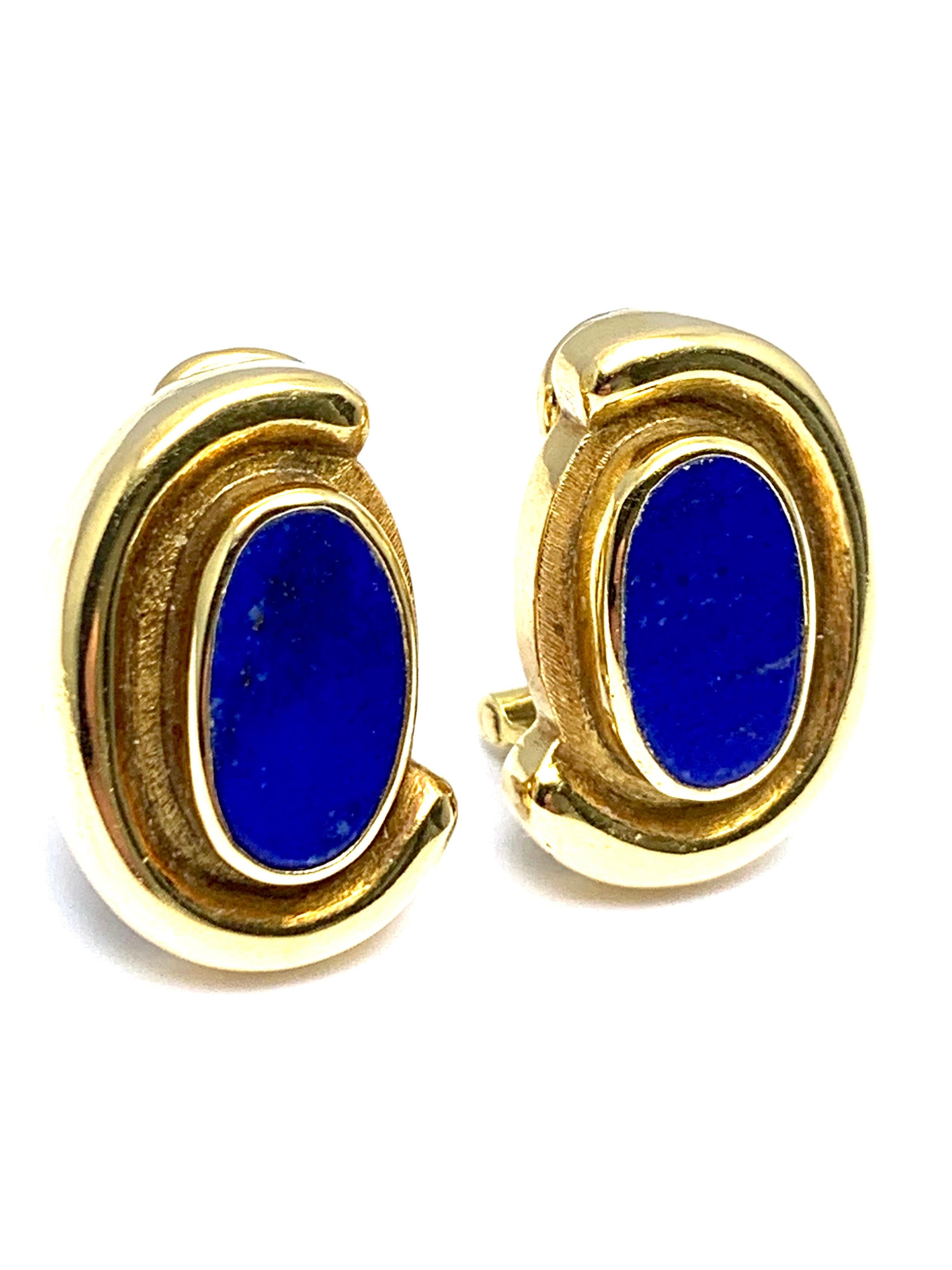 Retro Burle Marx Bezel Set Lapis Lazuli 18 Karat Yellow Gold Clip Earrings