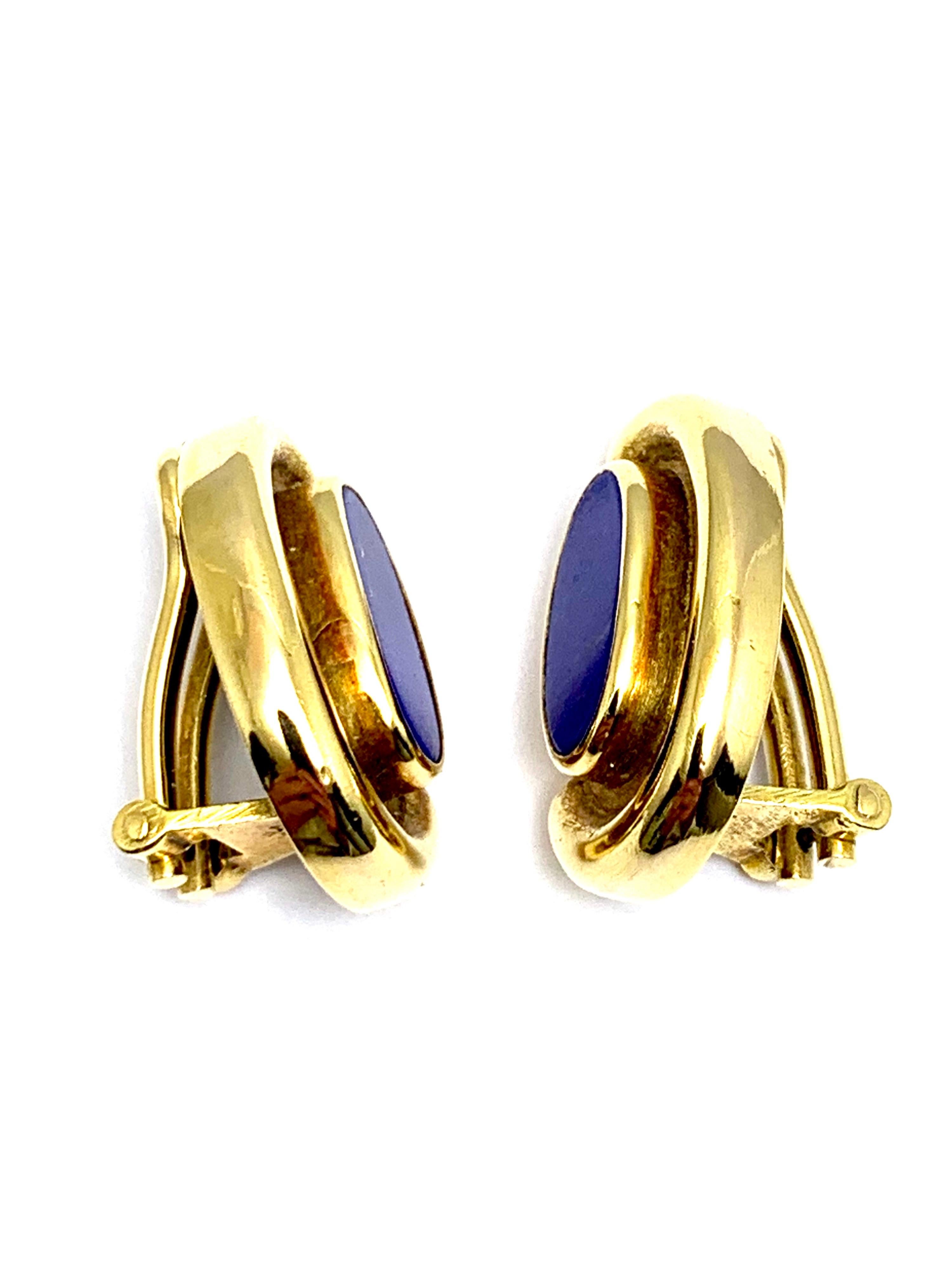 Oval Cut Burle Marx Bezel Set Lapis Lazuli 18 Karat Yellow Gold Clip Earrings