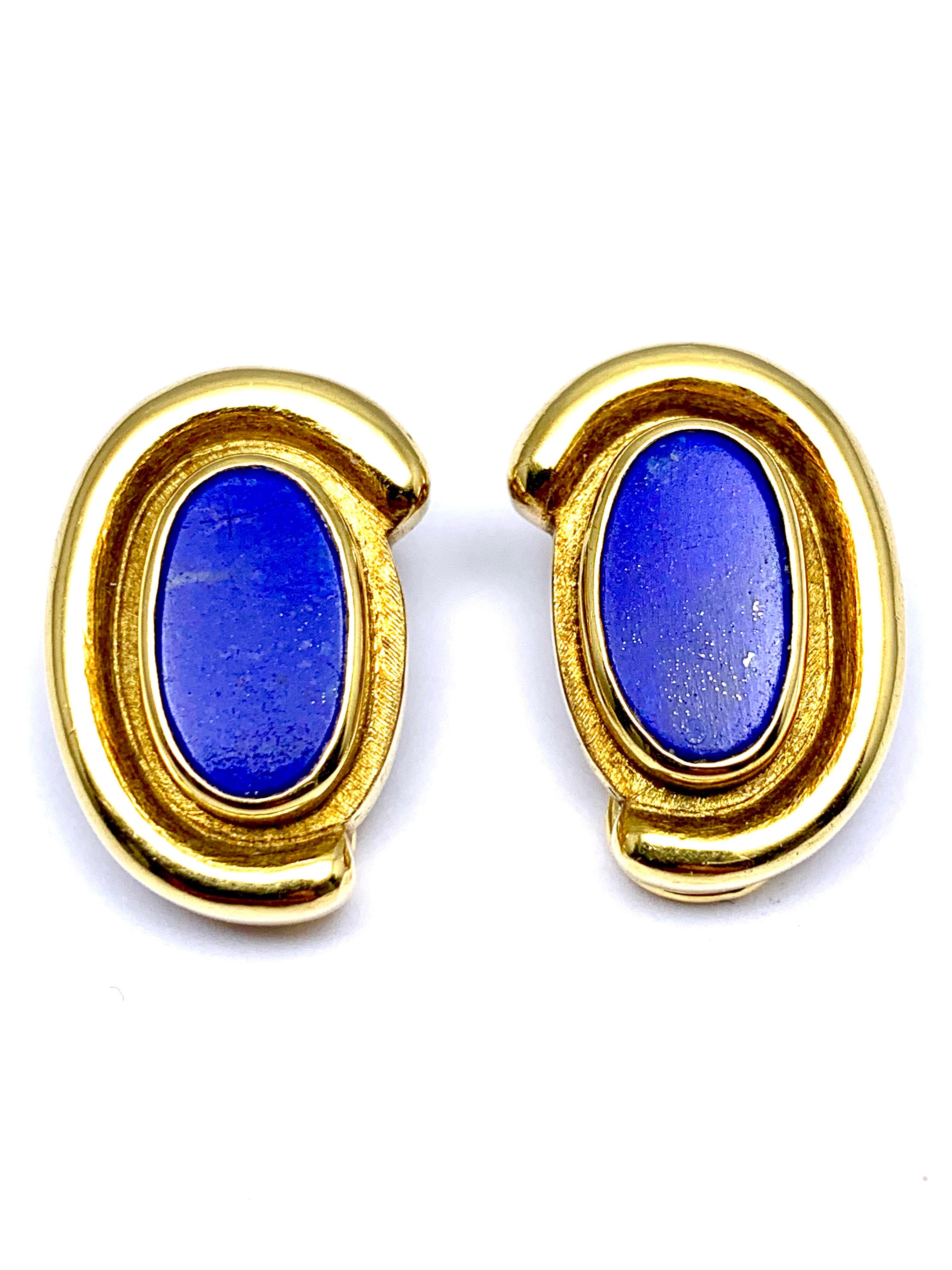 Women's or Men's Burle Marx Bezel Set Lapis Lazuli 18 Karat Yellow Gold Clip Earrings