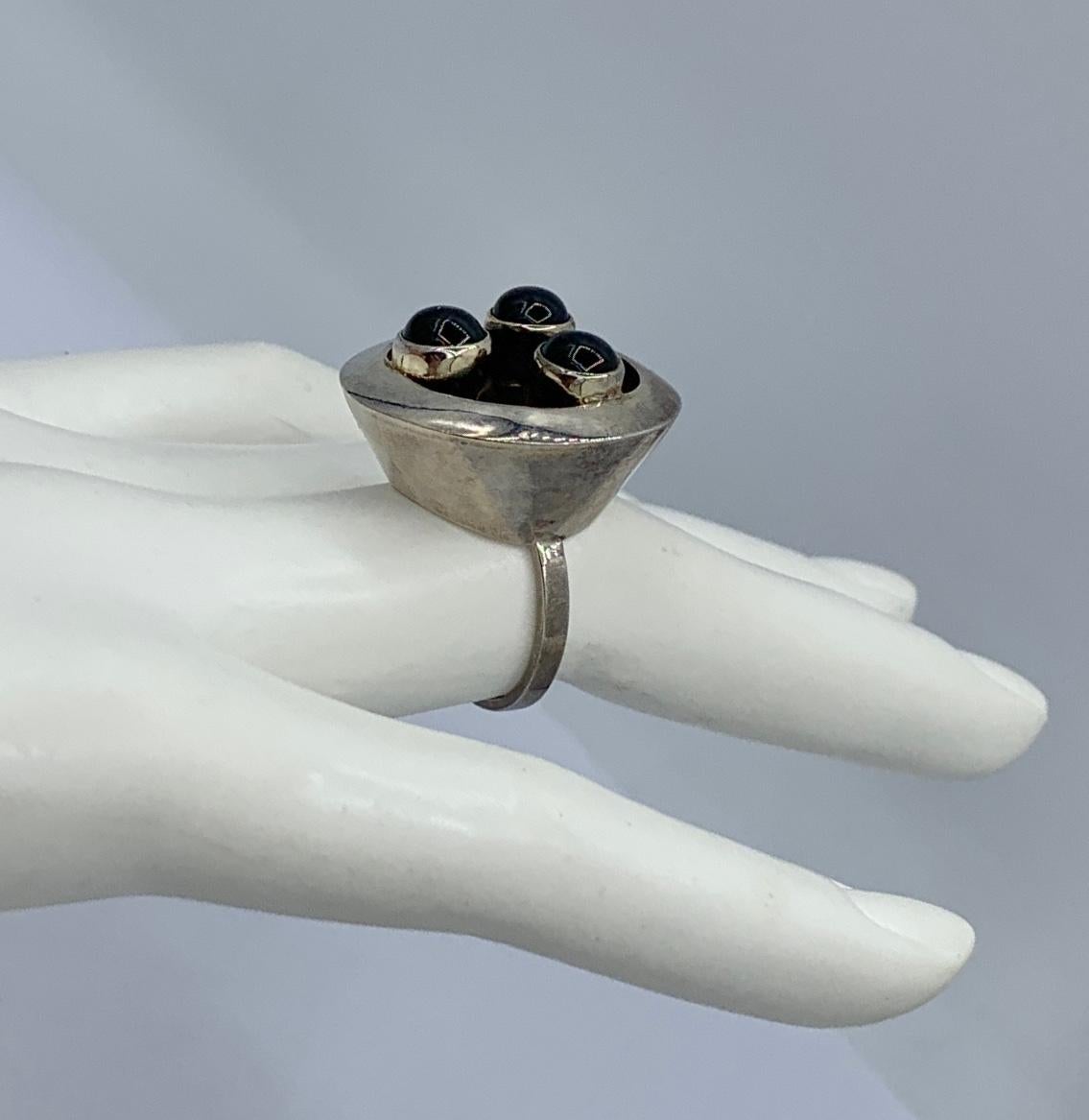 Mixed Cut Burle Marx Black Tourmaline Ring Mid-Century Modern Sterling Silver Original Box