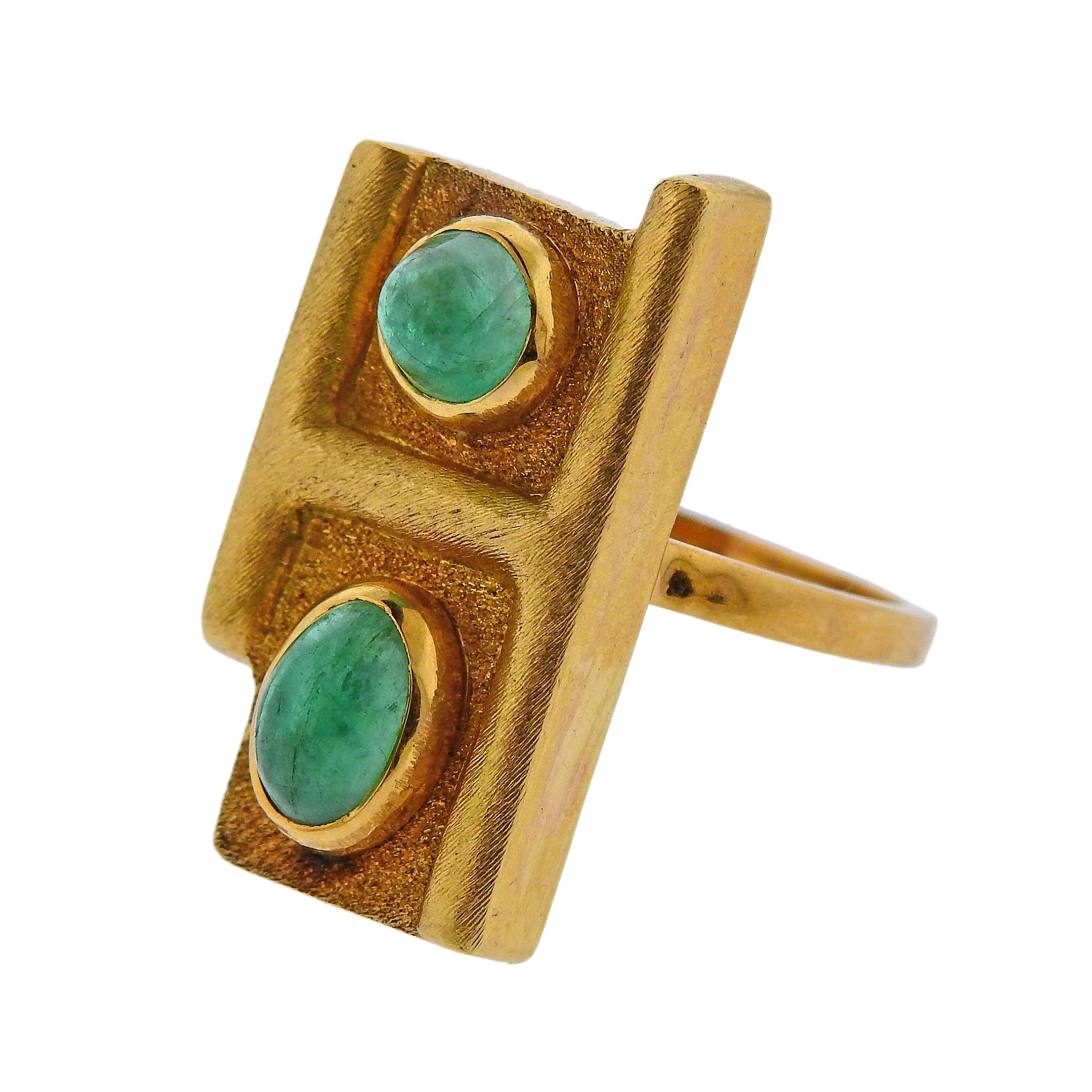 18k yellow gold abstract ring by Burle Marx, adorned with emerald cabochons. Ring size - 6.75, ring top - 24mm x 12mm and weighs 6.3 grams. Marked Burle Marx 750.