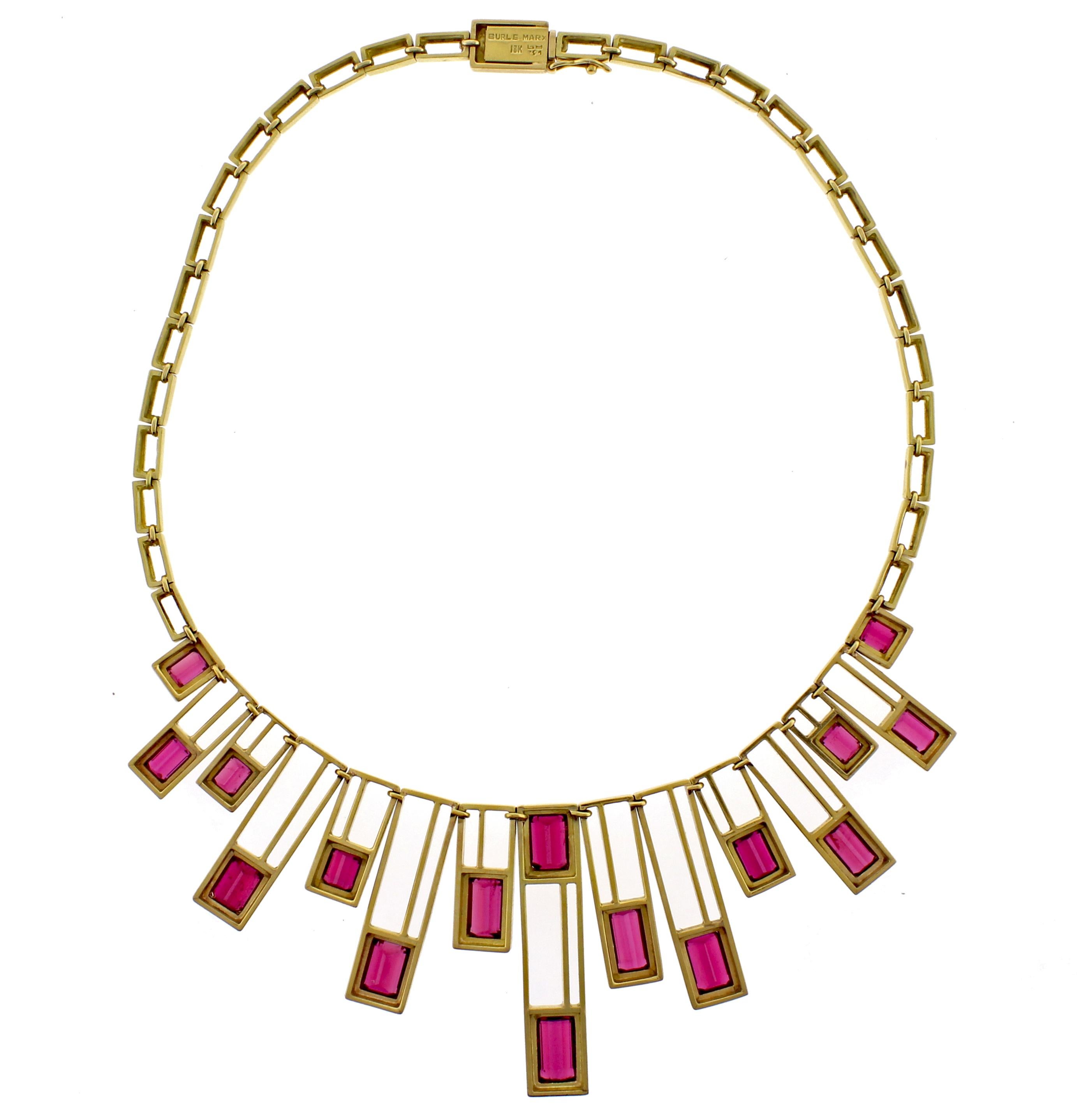 From world renowned Brazilian jeweler  Haroldo Burle Marx (1911-1991) a very special   Rubellite Tourmaline and 18 karat necklace.  The necklace features  17 gem  matched rubellites ranging from 5*4mm to 11*7mm weighing approximately  23 carats. 