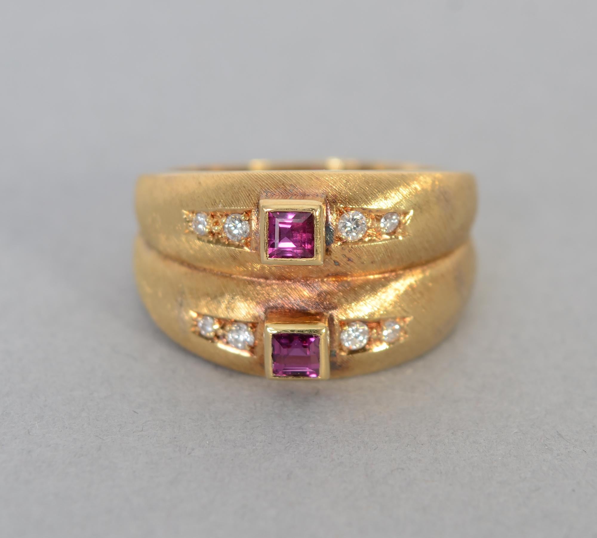 Double band ring by Burle Marx with a square tourmaline on each flanked by four diamonds. The stones are the fine quality for which Burle Marx is known. The gold has the fine brushed finish he often used.   
The ring is size 8 and can be sized up or