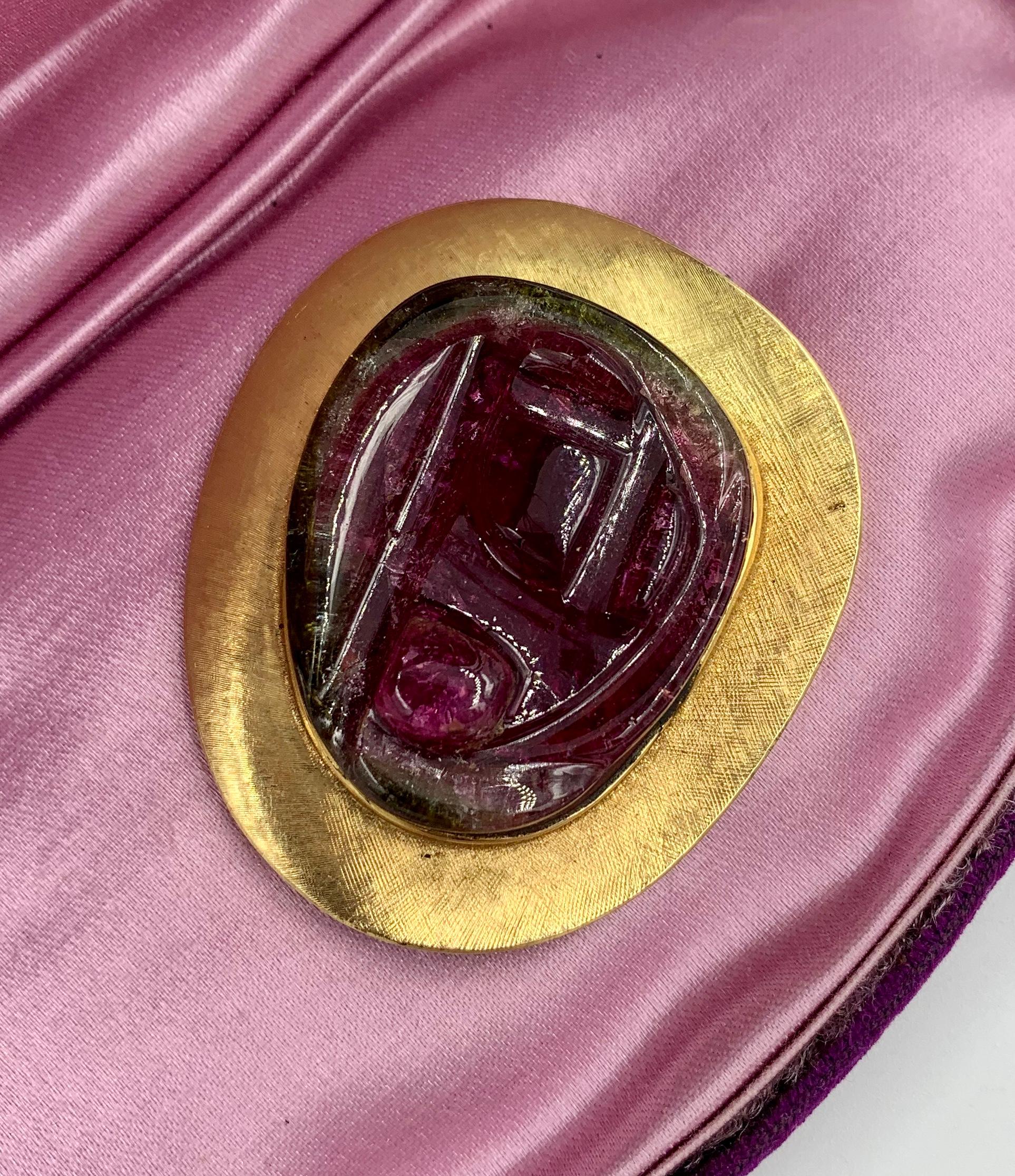 Mixed Cut Burle Marx Watermelon Tourmaline 18 Karat Gold Brooch Signed Mid-Century Modern