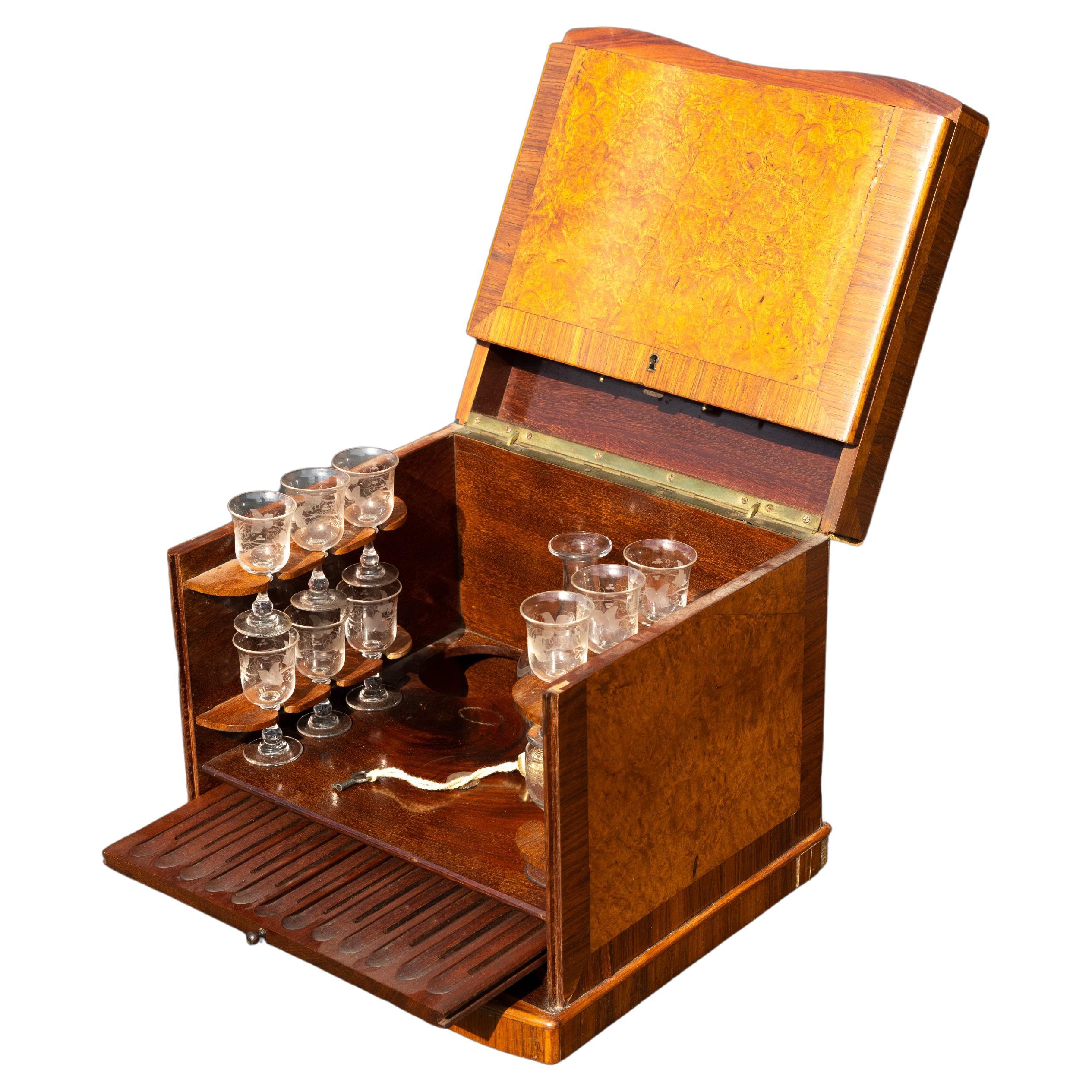 19th Century Portable Bar in a Burled Rosewood Box with Original Crystal Ware For Sale at 1stDibs