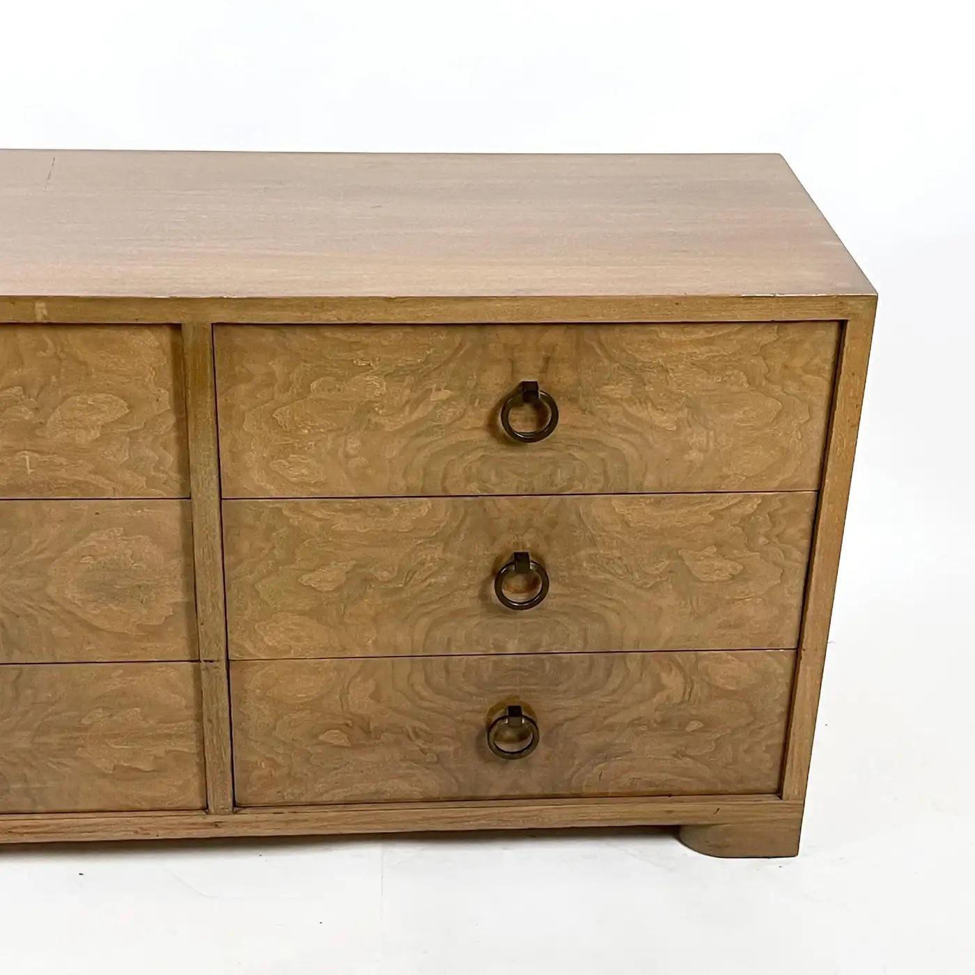 Brass Burled Blonde Mahogany Midcentury 6 Drawer Ring Pull Dresser  Red Lion Furniture For Sale