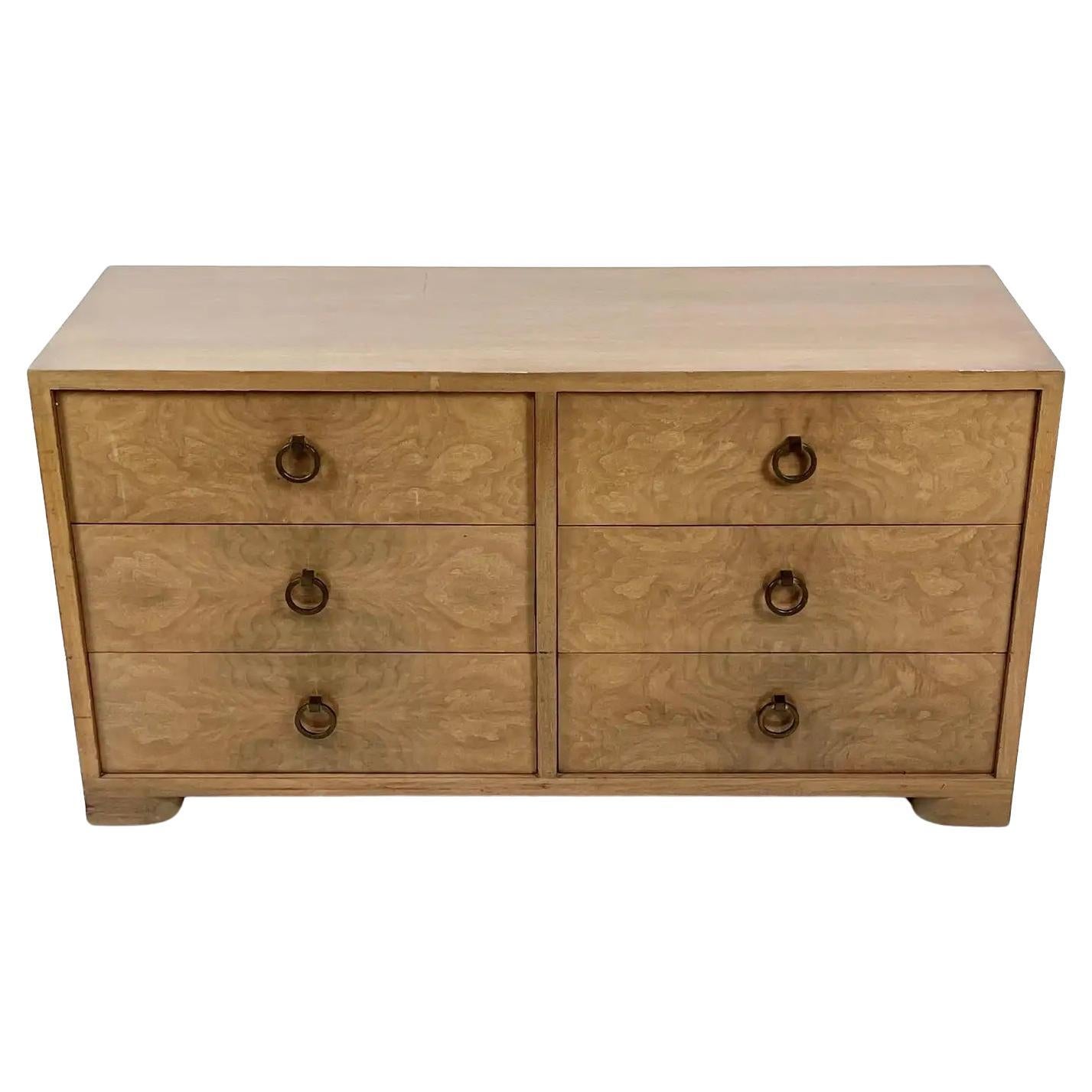 Burled Blonde Mahogany Midcentury 6 Drawer Ring Pull Dresser  Red Lion Furniture For Sale