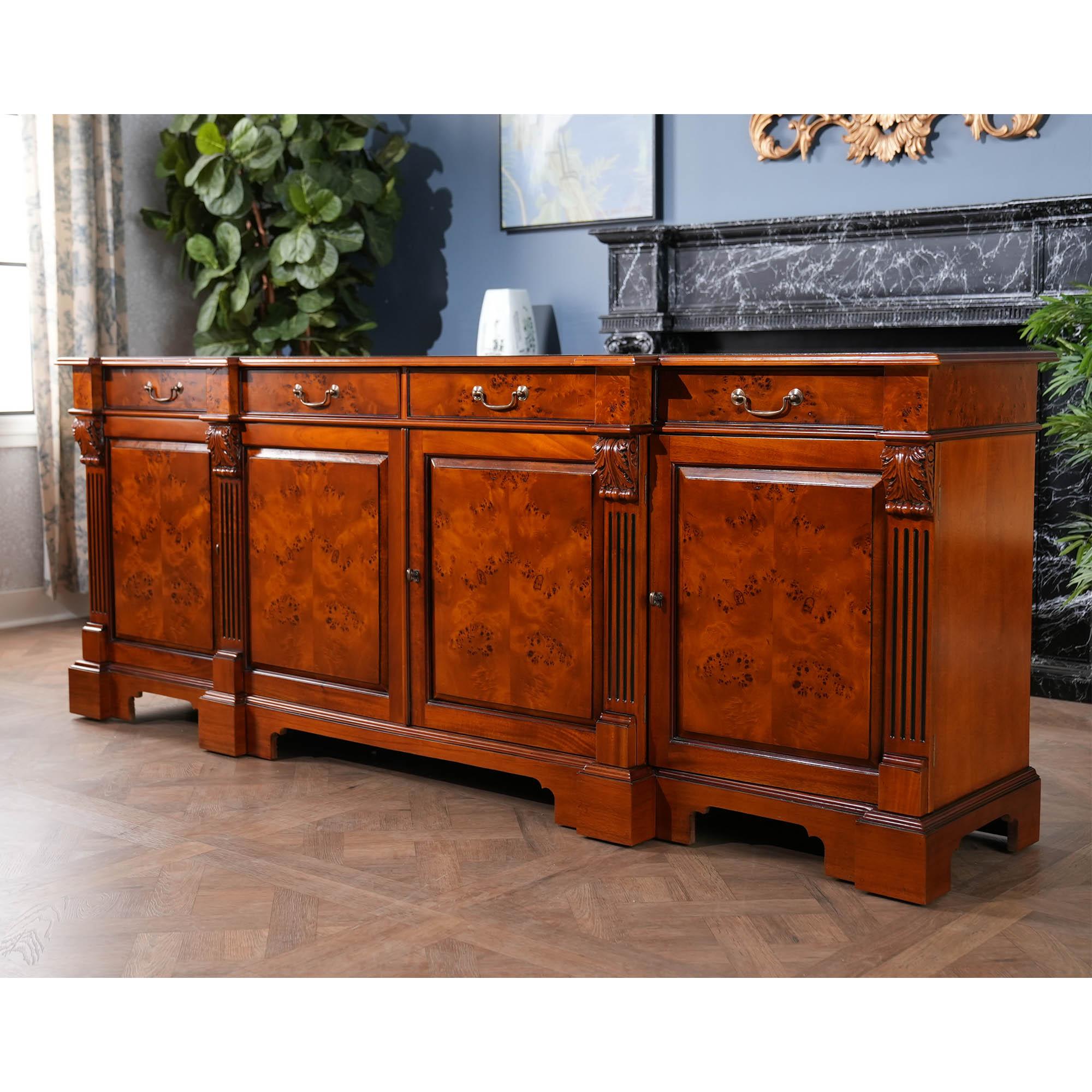 Hand-Carved Burled Breakfront For Sale
