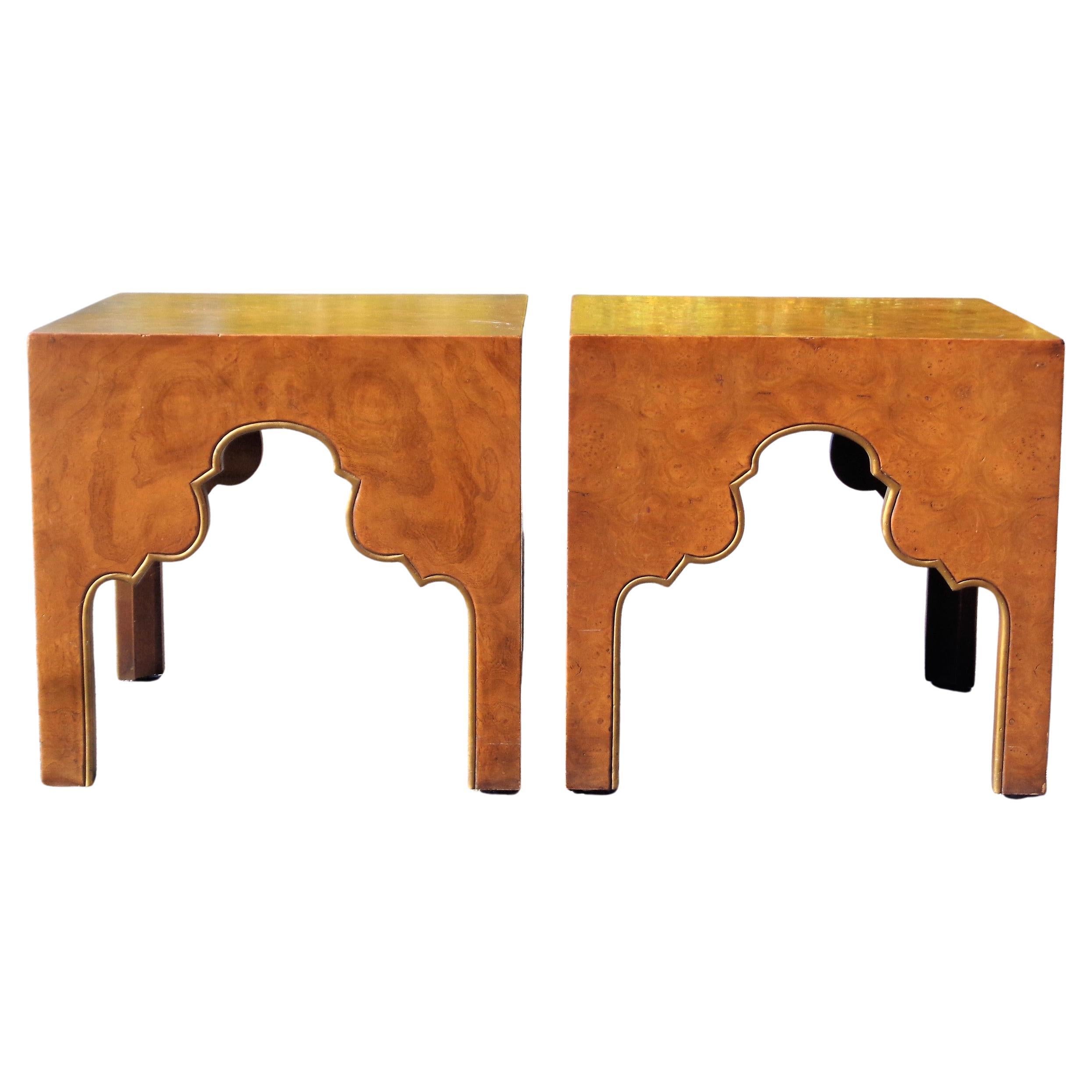 Pair of beautifully figured burled carpathian elm side tables / end tables in the Moorish style with gilded aprons on all four sides reminiscent of a minaret. Drexel Furniture - Repertoire Collection, dated 1964. Signed underside bottom. Look at all