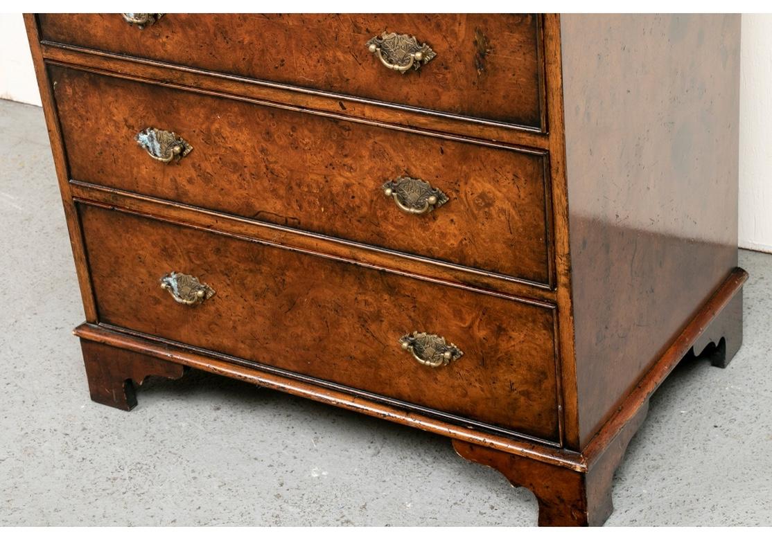 A fine two-over-three burl chest in Georgian style. The top with carved edge, notched corners, and string inlays. With two short over three graduated long drawers all with moldings. Fine patinated brass leafy batwing pulls. Raised on bracket feet.