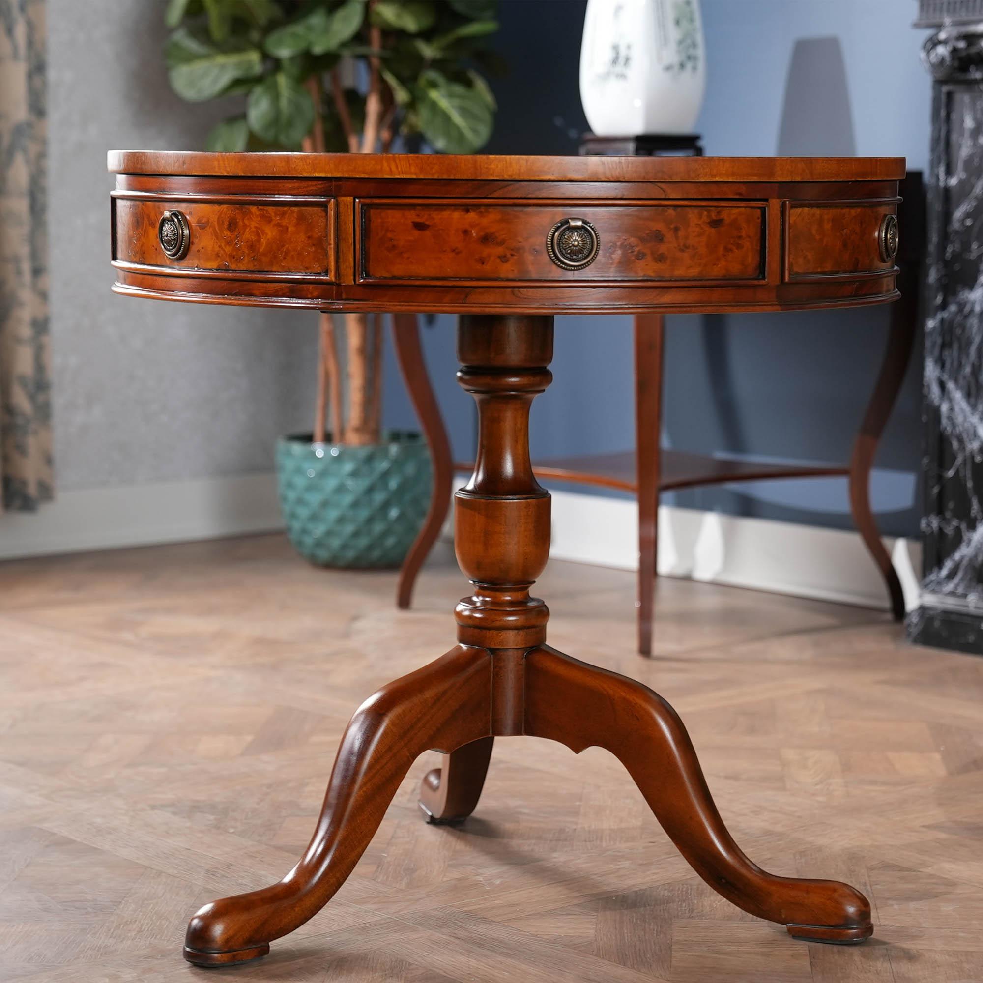 Renaissance Burled Drum Table For Sale