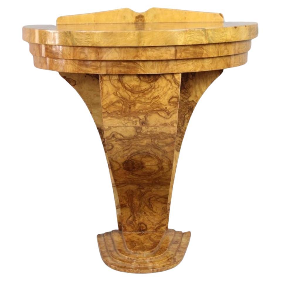Striking burled elm Art Deco console. Perfect for a little dram in any space. Retaining a beautiful, warm, rich patina. This table is a little gem made of the finest burled elm.