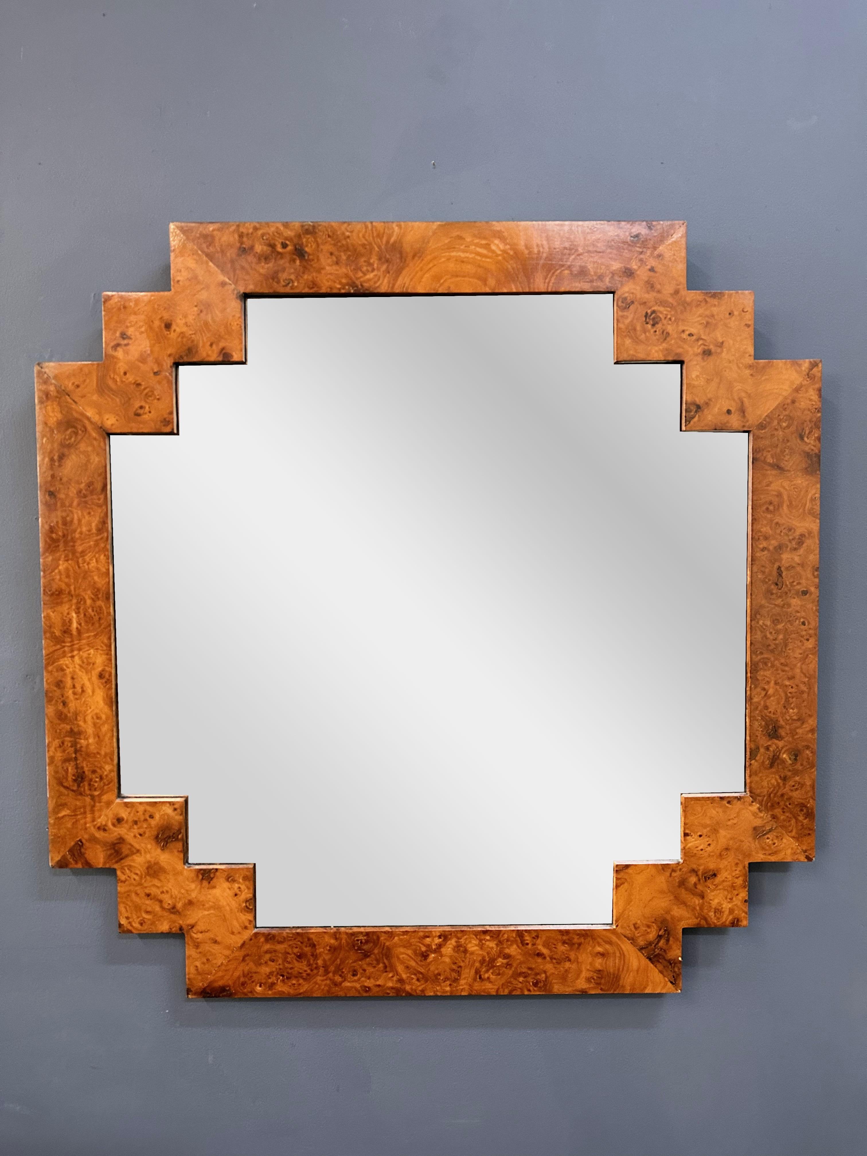 This gorgeous Italian geometric vintage step burled elmwood mirror is a knockout! This is great over a console or cabinet or by itself. It is marked Italy on the back. The wood has been restored with the same satin finish that was original to the