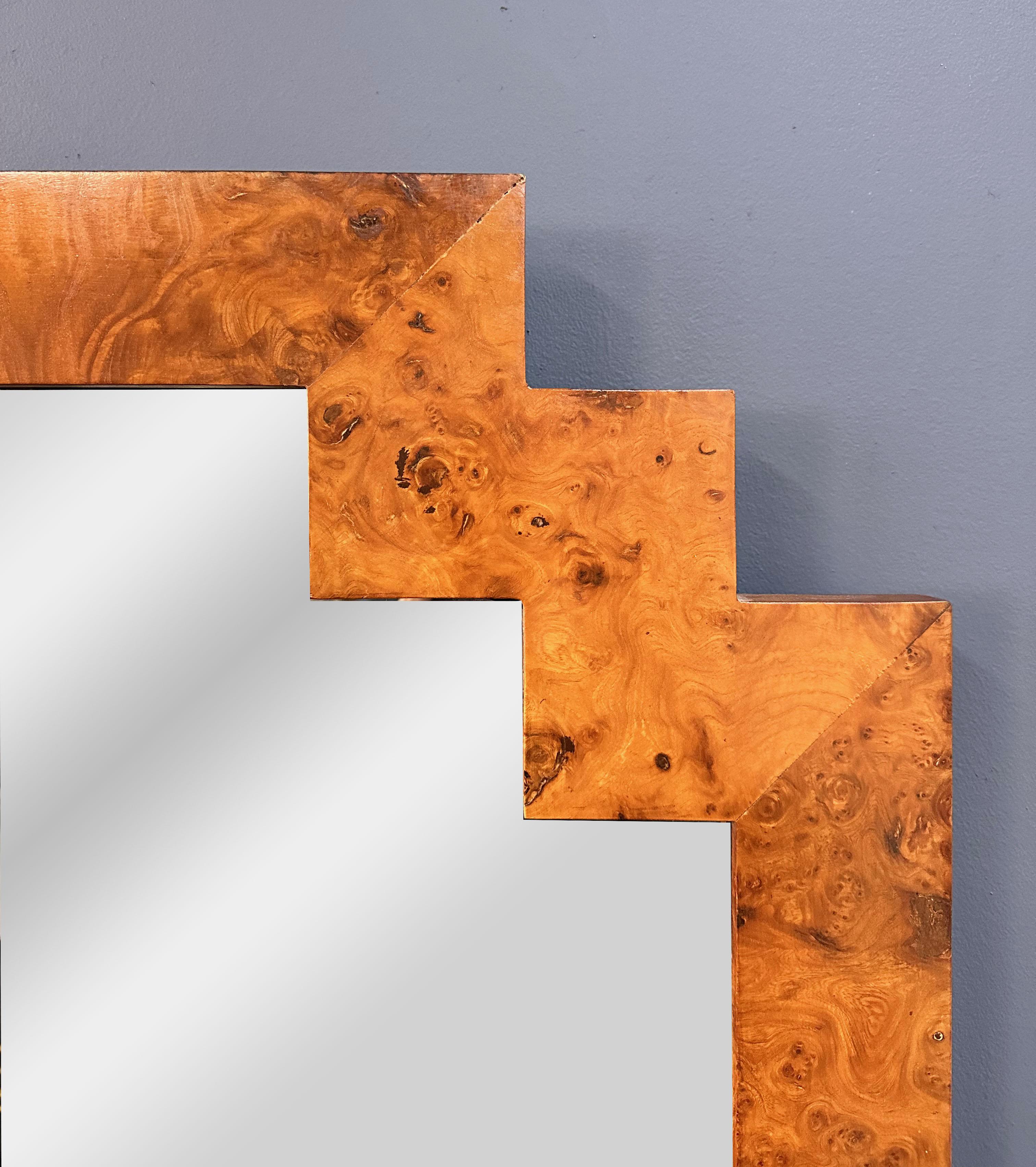 European LaBarge Burled 1970s Elmwood Geometric Mirror Italian