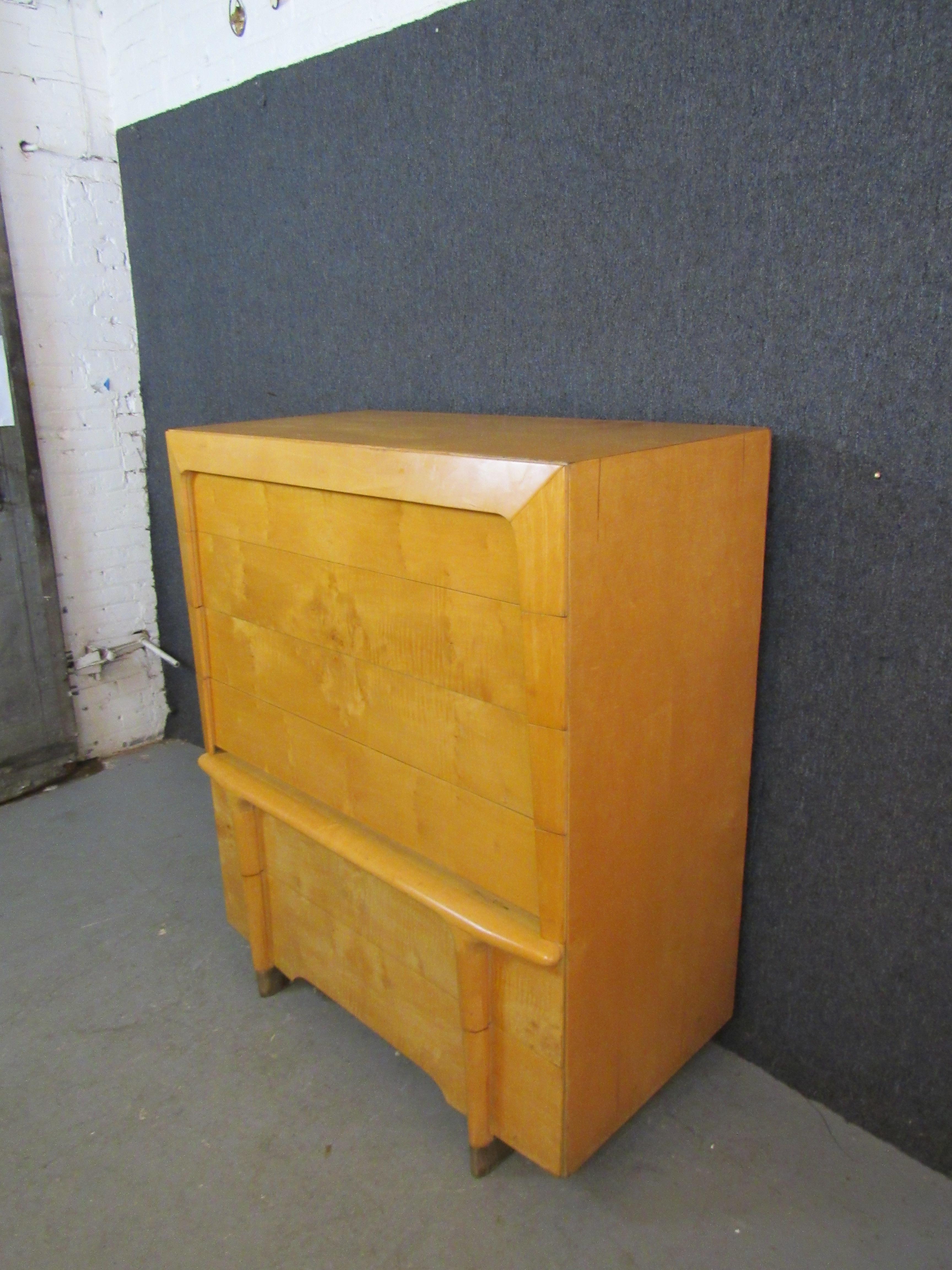 American Burled Maple and Brass HiBoy Dresser after Heywood Wakefield For Sale