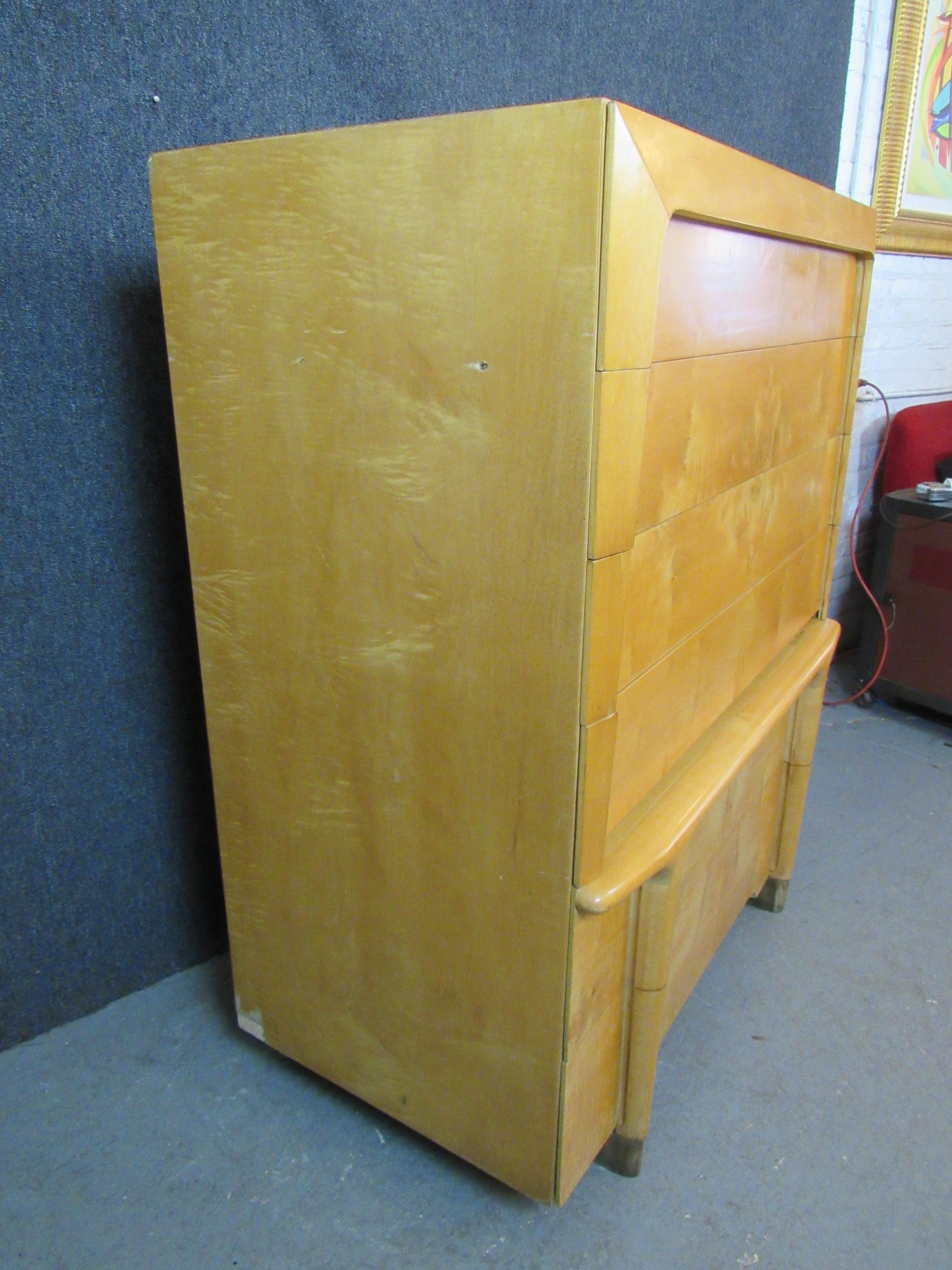 Carved Burled Maple and Brass HiBoy Dresser after Heywood Wakefield For Sale