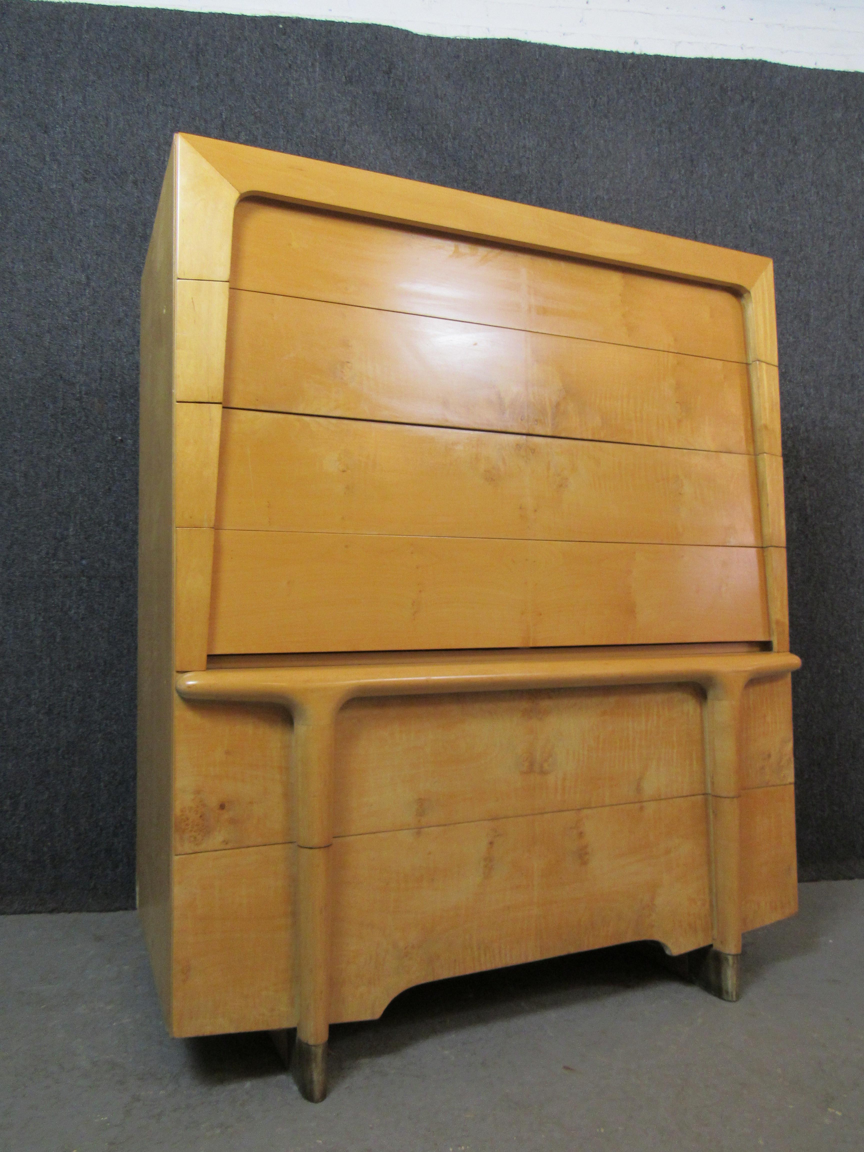 Burled Maple and Brass HiBoy Dresser after Heywood Wakefield In Good Condition For Sale In Brooklyn, NY