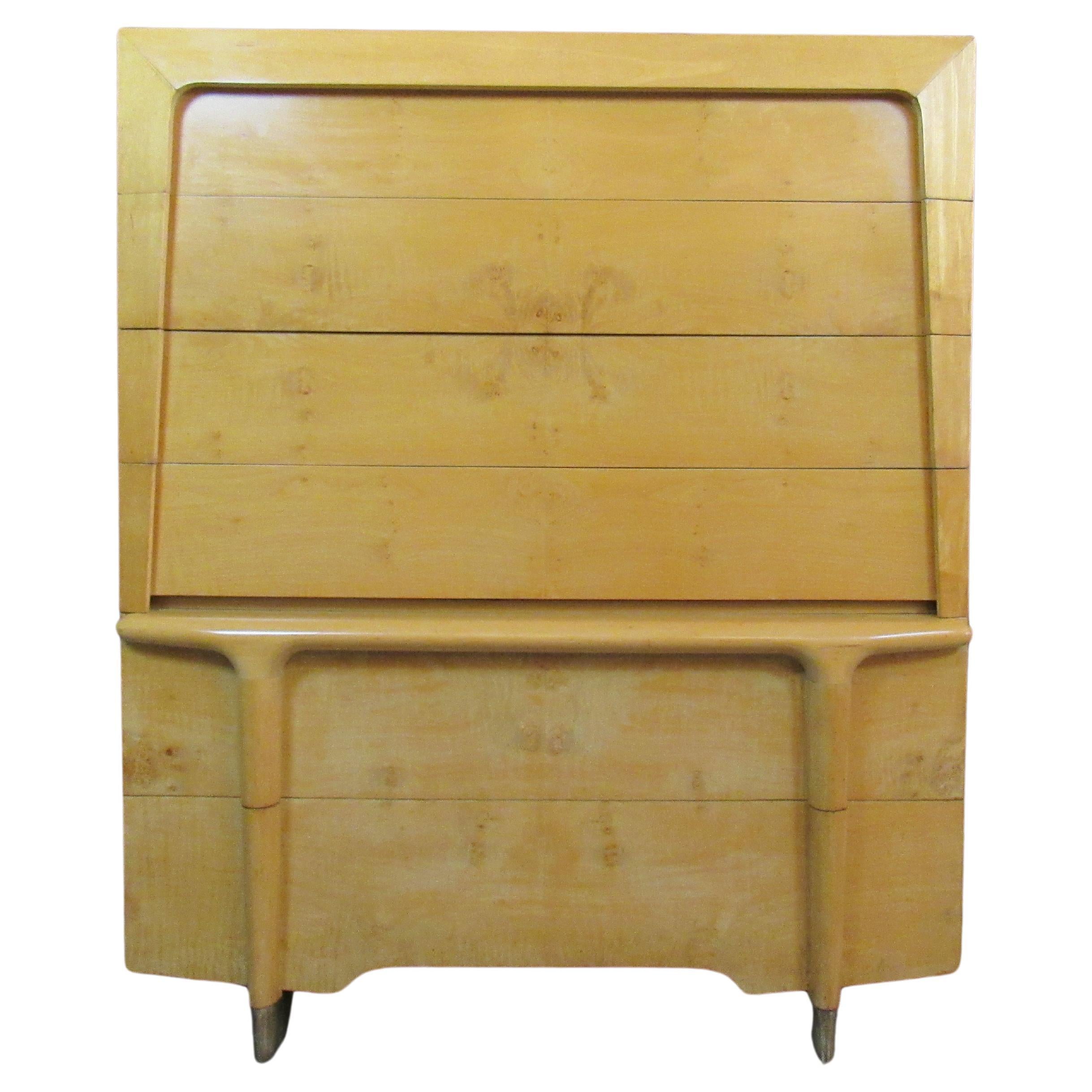 Burled Maple and Brass HiBoy Dresser after Heywood Wakefield For Sale
