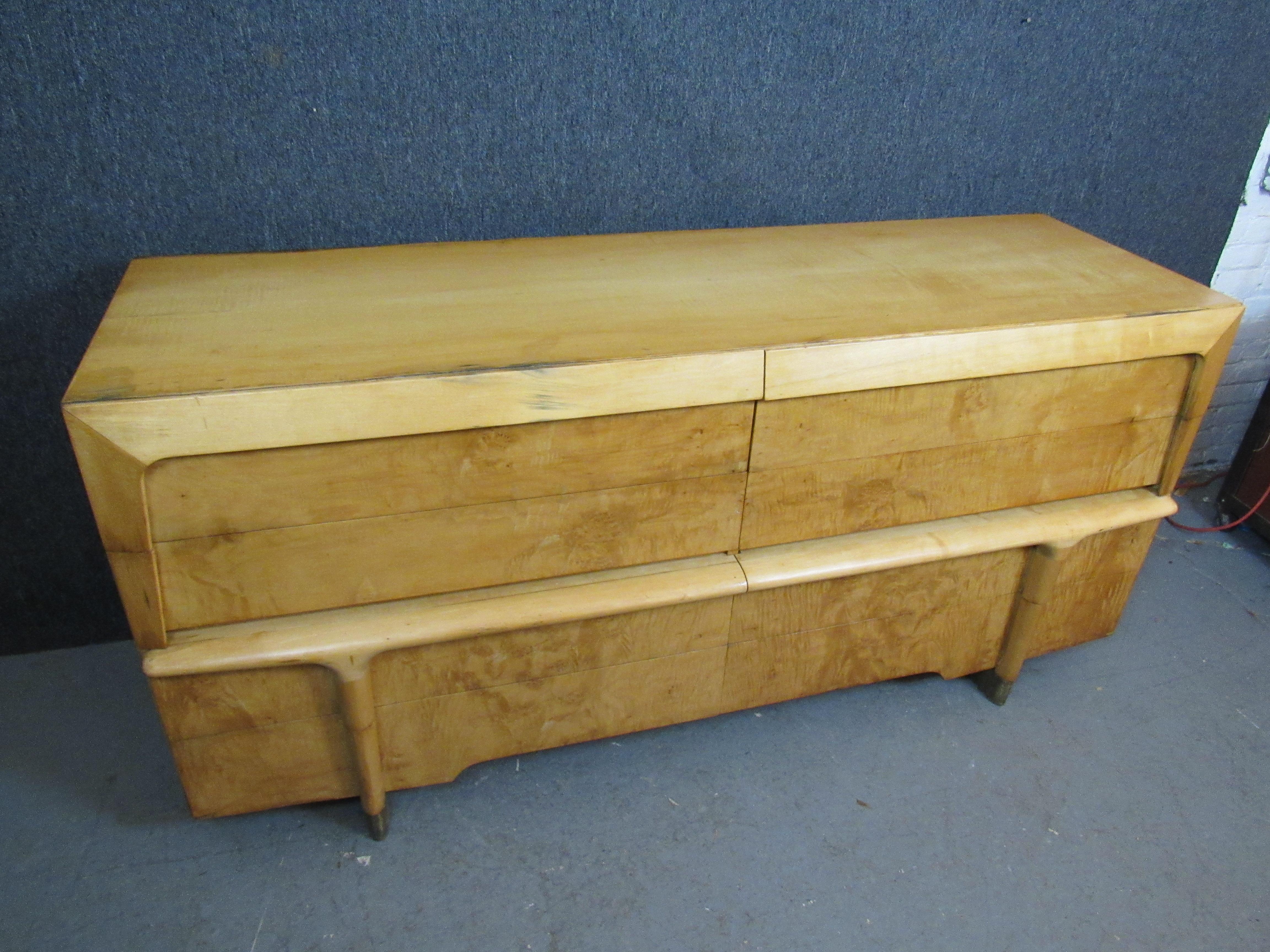 Burled Maple and Brass Long Dresser after Heywood Wakefield For Sale 11