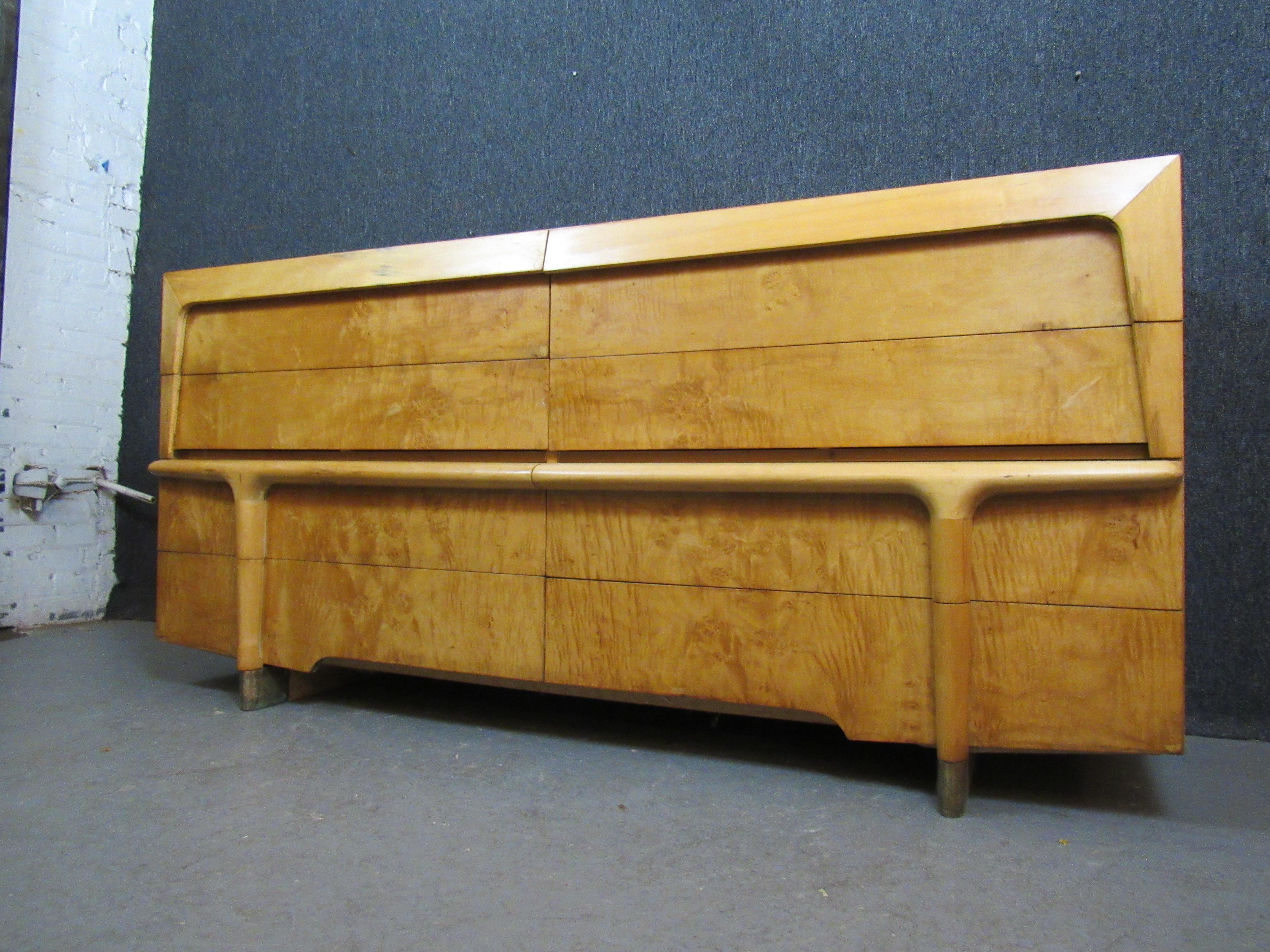 Burled Maple and Brass Long Dresser after Heywood Wakefield For Sale 12