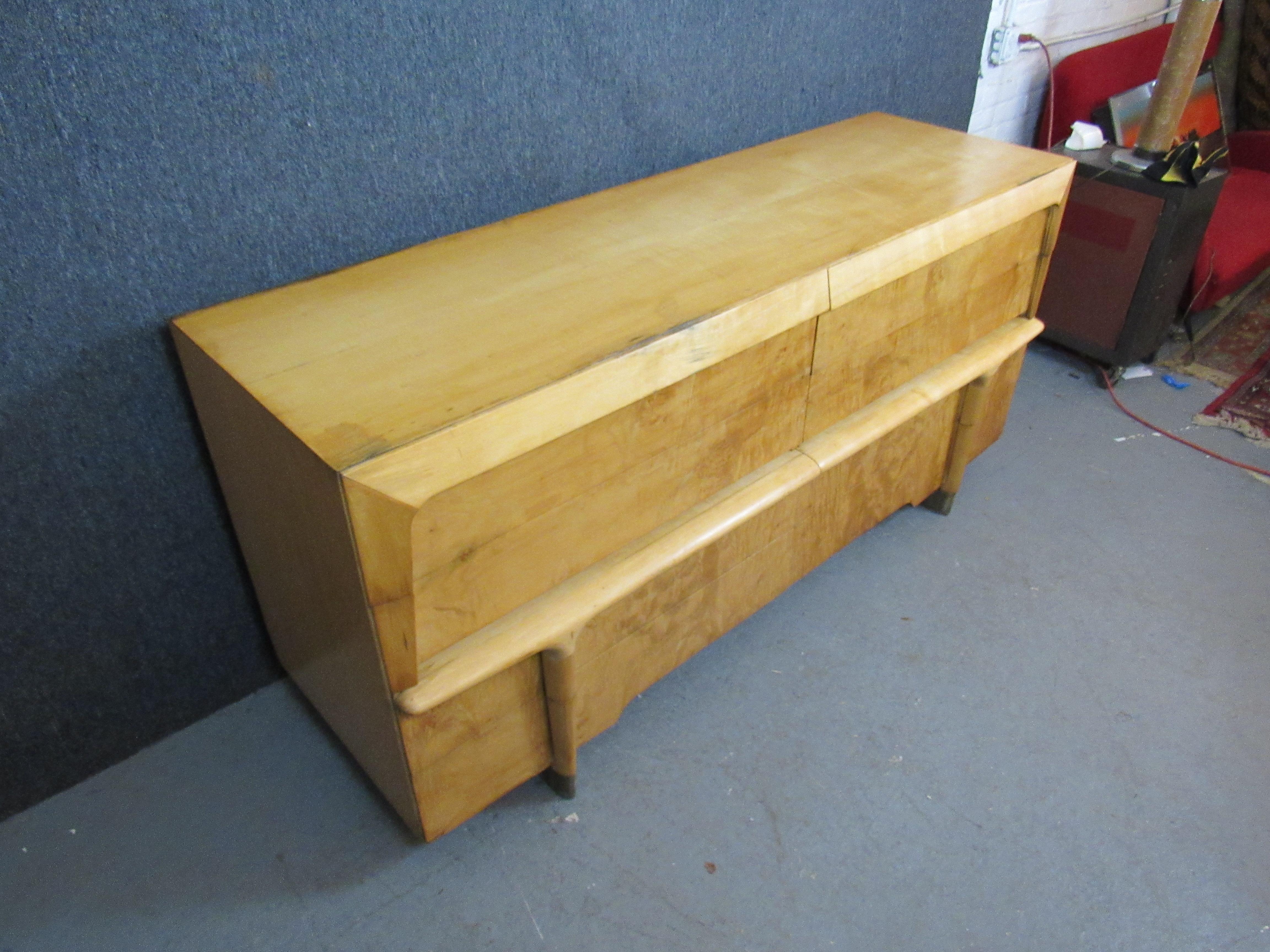 American Burled Maple and Brass Long Dresser after Heywood Wakefield For Sale