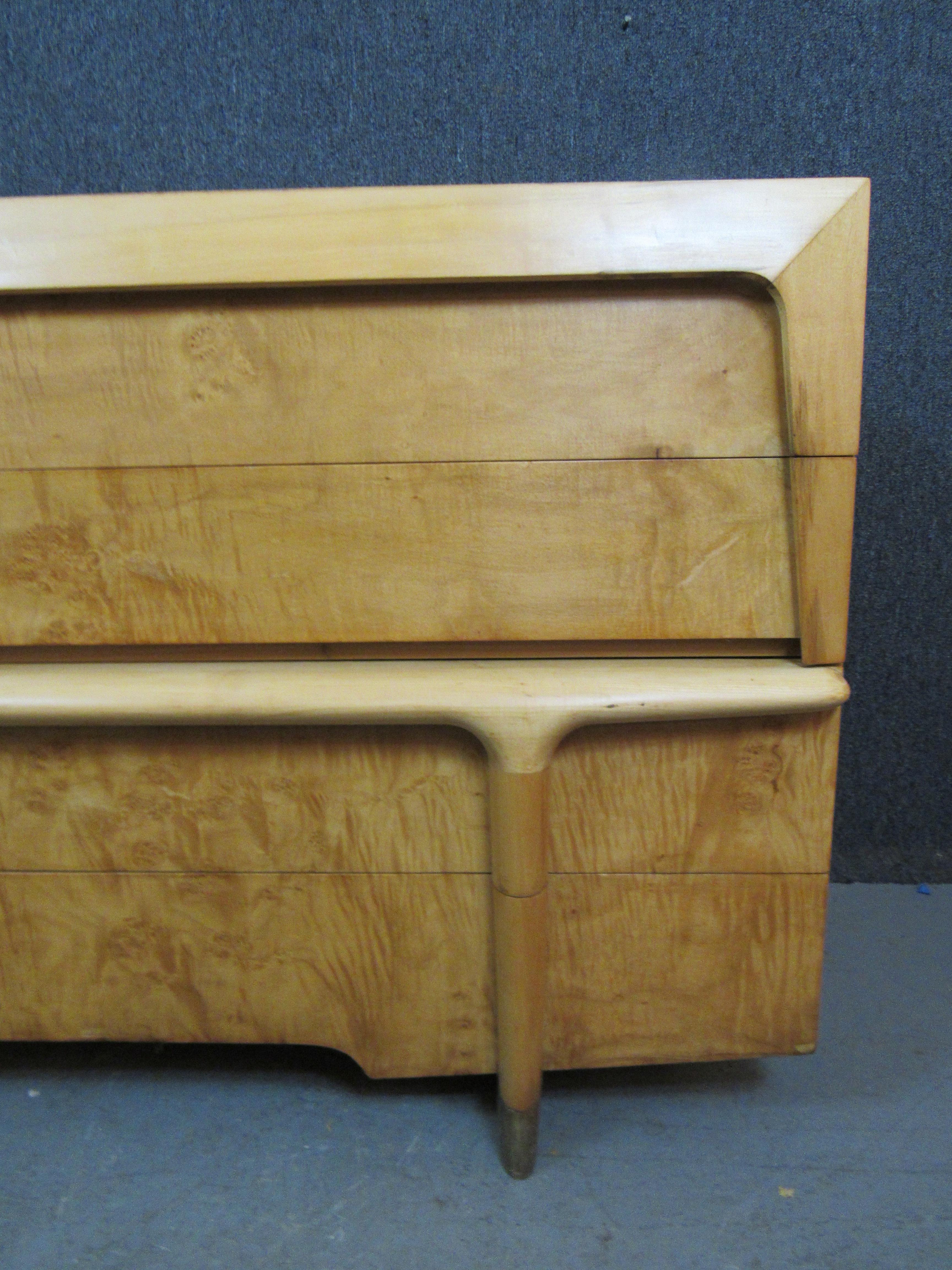 Burled Maple and Brass Long Dresser after Heywood Wakefield For Sale 1