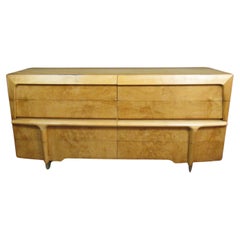 Vintage Burled Maple and Brass Long Dresser after Heywood Wakefield