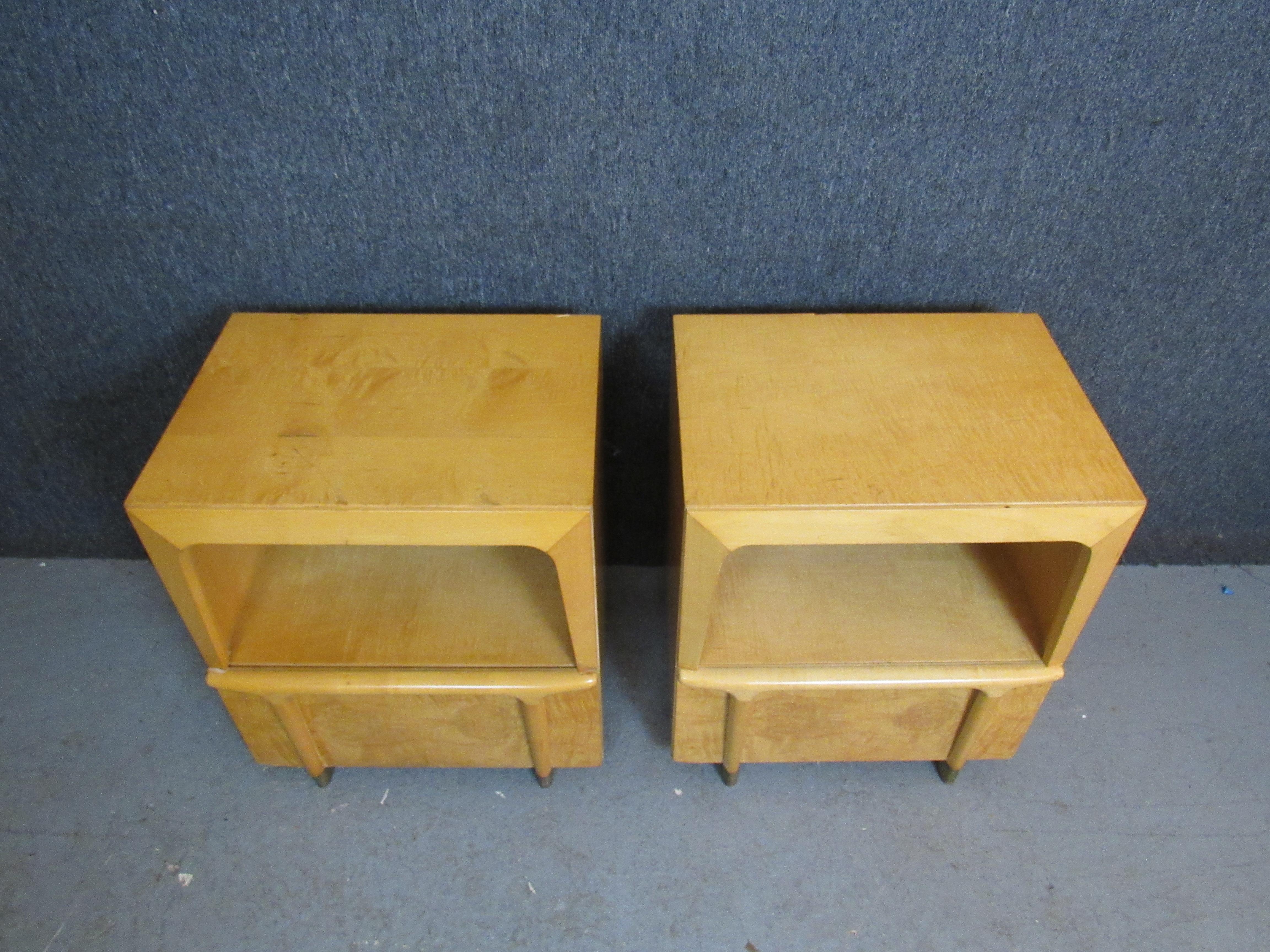 American Burled Maple and Brass Nightstands after Heywood Wakefield For Sale