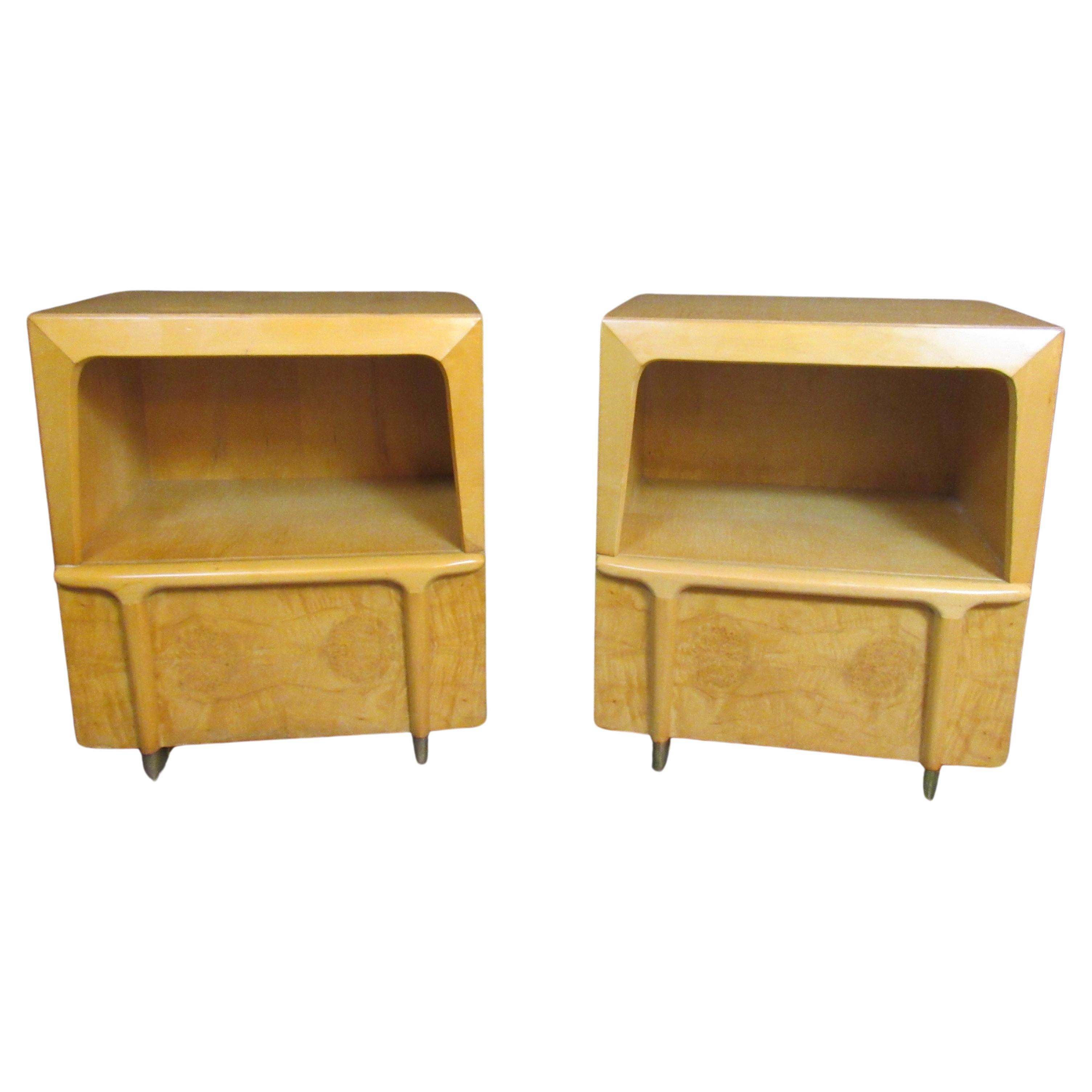 Burled Maple and Brass Nightstands after Heywood Wakefield For Sale
