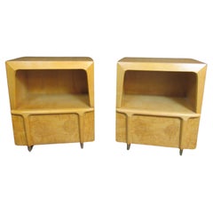 Retro Burled Maple and Brass Nightstands after Heywood Wakefield